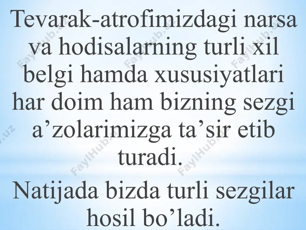 sezgi nazariyasining asosiy qoidalari 1756 yilda m.v.lomonosov tomonidan bayon qilingan bo’lsa, 1856 yildan keyin nemis fizigi g.gelmgols tomonidan uni to’la isbotlab berilgan. eshitish sezgilari. eshitish sezgilari tovushlarni eshitishdan iborat bo’lib, musiqaviy va shovqinli tovushlarni aks ettiradi. odamning eshitish organi bir sekundda 16 martadan 20000 martagacha tebranishli tovushlarni qabul qiladi. hid bilish sezgilari hid bilish sezgilariga hidlarni his qilish kiradi va ularning organi burun kavagining yuqori tomoni hisoblanib, bu yerda hid bilish hujayralari hamda sezuvchi nerv tarmoqlari joylashgan. ular shilliq pardalarda botib turadi. ta'm bilish sezgilari ta'm bilish sezgilari shirin, achchiq, nordon, sho’r singari mazalarni his qilish bilan tavsiflanadi. ta'm bilish sezgilarining organi tilning yuzasi va tanglayning yumshoq qismidan tashkil topgan. teri sezgilari. teri sezgilari tarkibi tuyish va harorat turlaridan iborat bo’lib, ularning bunday nomlanishining bosh omili bu reseptorlarning tarkibi va organizmning tashqi shilliq pardalarida joylashganligidadir. muskul-harakat sezgilari motor sezgilar deb nomlanib, ularga og’irlikni, qarshilikni, organlar harakatini bilish sezgilari kiradi. muskul …