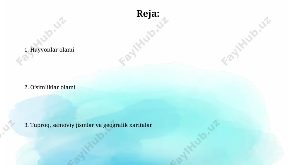 ni tasavvur qilishga yordam beradi. geografik xaritalar dunyodagi eng qadimgi geografik xarita hisoblangan, taxminan 6000 yil avval mesopotamiyada yaratilgan xarita, yerning bir qismini loy taxtachasida aks ettiradi. geografik xaritalarda 1:100 000 masshtabdagi xaritalar kichik hududlarni, masalan, toshkent shahrining ma'lum bir tumanini batafsil aks ettiradi. yerning geografik zonalari oʻrta osiyo mintaqasi, xususan, qozogʻistonning shimoliy qismida 30° sh.k. atrofida joylashgan choʻl zonalari, yillik yogʻingarchilik miqdori 200 mm dan kam boʻlgan qurgʻoqchil hududlar hisoblanadi. ekvator yaqinidagi tropik zonalar, 0° va 10° kengliklari orasida, yillik oʻrtacha harorat 25°c dan yuqori boʻlib, 1500 mm dan ortiq yogʻingarchilik bilan ajralib turadi, masalan, kongo havzasida. oʻsimliklar va hayvonlarning oʻzaro munosabatlari markaziy osiyo choʻllarida, masalan, qoraqalpogʻiston choʻllarida, 20 ga yaqin qurgʻoqchilikka chidamli oʻsimlik turi 10 dan ortiq choʻl hayvonlari uchun ozuqa va boshpana vazifasini oʻtaydi. qizil dengizning marjon riflari 4000 dan ortiq baliq turi va 800 turdagi oʻsimliklarga boy boʻlib, bu hayotning murakkab ekosistemasi hisoblanadi. tuproq tuproq tarkibida …
