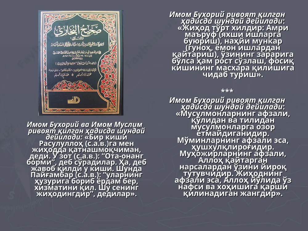 мом муслим ривоят қилган ҳадисда шундай дейилади: «кимки ўзини тоғ тепасидан ташлаб ўлдирса, ўлгандан кейин ҳам жаҳаннамда шу хил азобга гирифтор бўлади. ўзини сувга ташлаб ёки осиб ёки куйдириб ўлдирган кишиларнинг ҳукми ҳам унинг ҳукми билан баробардир». *** имом бухорий ривоят қилган ҳадисда шундай дейилади: аллоҳ таоло ҳадиси қудсийда марҳамат қилурки: "бандам ўзини-ўзи ўлдириб, менинг унга берган умримга шукр қилмай, шошилди. шунинг учун унга жаннатни абадий ҳаром қилдим». * худкушлик ғояси ҳақида уламолар фикри покистонлик замонавий ҳанафий уламолардан тоҳир қодирий шундай дейди: “экстремистик ташкилотлар (худкушлик орқали) нариги дунёда мукофотга етишиш ҳақидаги чўпчаклари билан ёшларнинг онгини заҳарламоқдалар. аслида эса ислом тинч аҳолини ўлдириш ва худкушлик амалиётларини қоралайди”. *** покистон уламолари кенгашининг фатвосида шундай дейилади: “худкушлик ҳужумлари исломда мавжуд бўлмаган ғайришаръий амал бўлиб, ҳаромдир”. * эътиборингиз учун раҳмат