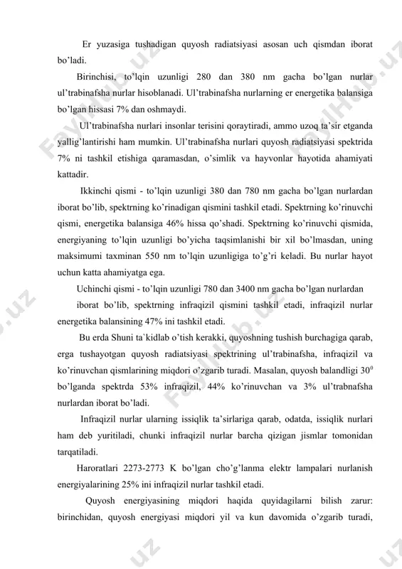 yasi miqdori shu joylarda undan amaliy maqsadlar uchun foydalanishga yetarlidir. quyida (jadval) misol tariqasida quyosh nurlariga tik ravishda 1m2 yuzaga tushadigan to’g’ri radiatsiya miqdori (q⊥, âò ì 2 )ning qiymatlarini keltiramiz. jadval kenglik soat 12 oy φ = 400 yanvar 823,6 777,2 730,8 624,4 359,6 - - dekabr fevral 870 858,4 798,4 701,8 533,6 - - noyabr mart 904,8 883,2 846,8 777,2 754 371,2 - oktyabr aprel 928 916,4 887,4 846,8 742,4 598,5 197,2 sentyabr may 928 916,4 887,4 846,8 777,2 632,2 394,4 avgust iyun 930 883,2 883,2 846,8 777,2 678,6 510,4 iyul to’g’ri radiatsiya oqimi aktinometr yordamida, yig’indi radiatsiya miqdori esa piranometr yordamida o’lchanadi. quyoshdan to’g’ri tushadigan radiatsiya miqdoridan tashqari, osmon gumbazidan, atrofdagi obg’ektlardan sochilgan energiya ham, gorizontal yuzaga tushadigan radiatsiya ham mavjud. sochilgan radiatsiya miqdori jadvalda keltirilgan. sochilgan quyosh radiatsiyasi miqdori, qc ,вт м2 jadval kenglik soat 12 oy φ=400 dekabr 58 58 52,2 40,6 23,2 - - …