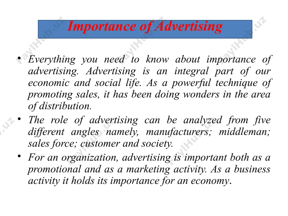 e at profit, do take full advantage of advertising to popularize their products and services. the major benefits that are available to manufacturer are: (a) increasing sales – even the best product cannot be sold on its own, unless people know about the product. in today’s highly sensitive and competitive market, a firm cannot maximize its profit, unless it multiplies its sales turnover. a regular and frequent advertising helps the producer to obtain this objective. 1. importance of advertising to manufacturers: (b) helps in maintain existing market and explore new market – every forward looking company eyes on future prospects without losing its current position. a company’s success is reflected by how it maintains its current position and future expansion. advertising helps the manufacturer, in this regard, to face competition effectively. (c) helps to control price of product – through advertising, it is possible to control price of the product …