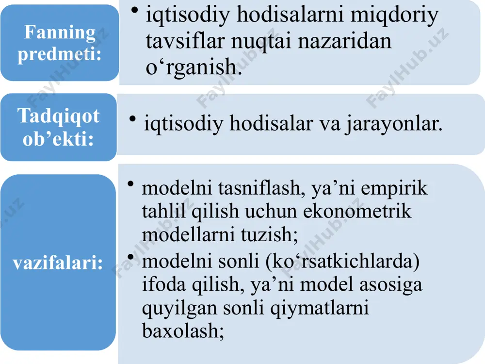 lishiga qarab fazoviy va nuqtaviy modellar farqlanadi. matematik iqtisodiyot — iqtisodiy fanning iqtisodiy jarayonlar matematik modellarining xossalari va echimlarini tahlil qilish bilan shug’ullanadigan bo’limidir. matematik iqtisodiyotda tayinli formal asoslar (chiziqlilik, qavariqlik, monotonlik va shu kabi bog’liqliklar, kattaliklar o’zaro bog’liqligining konkret formulalari)ga asoslangan nazariy modellar tadqiq qilinadi. matematik iqtisodiyotning vazifasi model yechimining mavjudligi, uning nomanfiyligi, statsionarligi shartlari, boshqa xossalarning bog’ligi haqidagi muammoni o’rganishdir. ekonometrika - iqtisodiyotdagi miqdoriy qonuniyatlar va o’zaro bog`liqliklarni matematik statistika usullari yordamida tadqiq qiluvchi fan. bu usullarning asosi - korrelyatsiyaviy-regressiyaviy tahlil. ekonometrika empirik ma’lumotlarni o’rganish asosida iqtisodiy bog'liqliklar va modellarni statistik baholash va tahlil qilish bilan shug'ullanadi. iqtisodiy o'lchash - tom ma'noda ekonometriyani anglatadi. ekonometrik modellashtirishning bosqichlari: iqtisodiy muammoning qo’yilishi va uni sifat jihatdan tahlil qilish; matematik modelni qurish; modelni matematik tahlil qilish; dastlabki ma’lumotlarni tayyorlash; sonli yechish; sonli natijalar tahlili va ularning tatbiqi. /docprops/thumbnail.jpeg