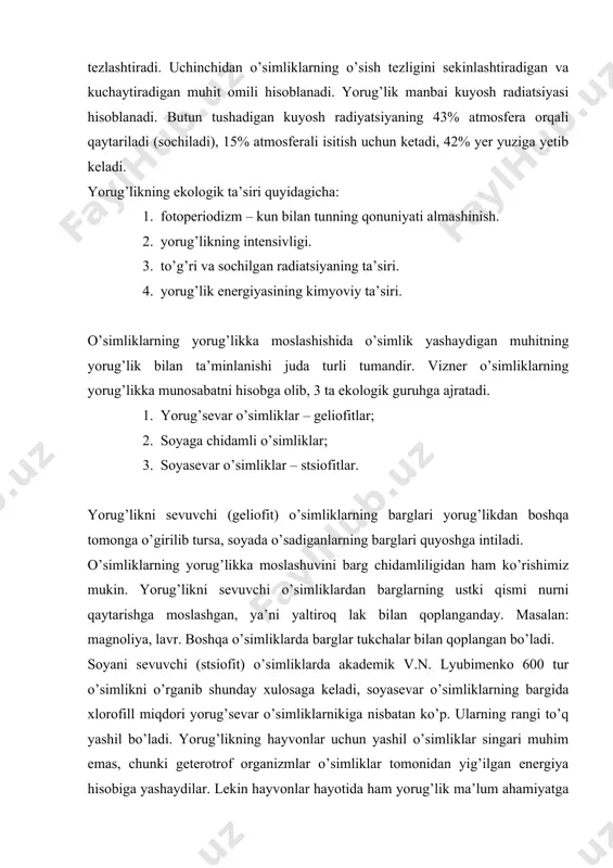 kechasi hayot kechiradigan hayvonlar – fotofoblar; turli geografik zonalarda yorug’lik nurining davomiyligi (kunning uzunligi) turlicha. shuning uchun ham kunning uzun va qisqaligiga moslanish kelib chiqqan. organizmlarni kunning uzun va qisqaligiga javob reaktsiyasi, ya’ni moslanishi fotoperiodizm deyiladi. buni 1920 yil amerika olimlari v. garner va allardlar kashf etishgan. fotoperiadik reaktsiya belgilariga qarab o’simliklar quyidagi guruhlarga bo’linadi: 1. qisqa kun o’simliklari – gullash fazasi o’tishi uchun sutkada 12 soat kerak (kanop, tamaki); 2. uzun kun o’simliklari – 1 sutkada 12 soatdan ko’p yorug’lik kerak (kartoshka, bug’doy, ismaloq); 3. o’rtacha holdagilar (gvaoyula) bular uzun kunda ham qichqa kunda ham gullaveradi. 3. haroratni organizmlar bilan o’zaro ta’siri. organizmlar uchun muhit shart-sharoitlaridan biri haroratdir. harorat, namlik, ozuqa singari ekologik omil sifatida har bir indivitga ta’sir etadi. shunga javoban organgizmlarda tabiiy tanlanish orqali turlicha moslanishlar paydo bo’ladi. hayot faoliyati uning eng qulay bo’lgan omillar intensivligiga – optimum deb ataladi. u yoki bu omillarning har bir tur …