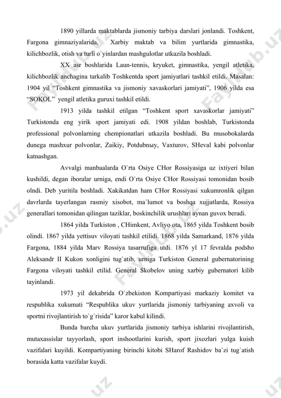 navbatdagi yigilishi bulib, unda “respublikada fizkultura va sportning axvoli hamda kpss xxiv s`ezdi karorlari asosida uni yanada rivojlantirish”. tadbirlari to`g`risida masalasi kurib chikildi. barcha partiya, davlat, kasaba uyushmalari, sport va boshqa tegishli tashkilotlar, maxkamalar, idoralar zimmasiga jismoniy tarbiya va sport ishlarini yanada yaxshilash vazifalari yuklatildi. 1977 yil noyabrda yana respublika partiya xujalik faollari yigilishida “ommaviylik va maxorat uchun” masalasi kun tartibda muxokama kilindi. shu yili dekabrda esa “respublikada yengil atletikaning axvoli va uni yanada rivojlantirish tadbirlari to`g`risida”ga masala respublika partiya va xukumati tomonidan kurib chikildi va karor kabul kilindi. shuni e`tirof etish kerakki, sharof rashidov yirik sportchilar mutaxassilar va tashkilotlarning raxbarlari bilan tez-tez uchrashib turar, muammoli masalalarni yirik anjumanlar kun tartibiga kuyib, muxokama qilishga dav`at etar. unda bevosita uzi boshchilik qilar edi. 1979 yilning kuzida respublika partiya va xukumati “o`zbekiston sportchilarining sssr xalqlari vii yozgi spartakiasida katnashishiyakunlari va 1930 yilgi xxii olimpiada o`yinlariga tayyorgarllik tadbirlari to`g`risida”gi masalani kurib chikdi. unda …