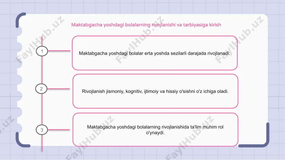 , bu ularga atrofdagi dunyoni tushunishga va tanqidiy fikrlashni rivojlantirishga yordam beradi. maktabgacha yoshdagi bolalarda jismoniy rivojlanish va yalpi motorli ko'nikmalar jismoniy rivojlanish maktabgacha ta'limning muhim jihati hisoblanadi, chunki u bolalarda kuch va muvofiqlikni rivojlantirishga yordam beradi. jismoniy rivojlanishni qo'llab-quvvatlash uchun maktabgacha ta'lim dasturlarida yugurish, sakrash va toqqa chiqish kabi yalpi motorli ko'nikmalarga urg'u beriladi. ochiq o'yinlar va tuzilgan harakat mashqlari kabi mashg'ulotlar orqali maktabgacha yoshdagi bolalar o'zlarining qo'pol motorli ko'nikmalarini rivojlantirishlari mumkin. maktabgacha yoshdagi nozik vosita mahorati va qo'l-ko'zni muvofiqlashtirish nozik vosita mahorati va qo'l-ko'zni muvofiqlashtirish maktabgacha yoshdagi bolalarni rivojlantirish va tarbiyalashning muhim jihatlaridir. maktabgacha yoshdagi bolalarda kichik narsalarni chizish, kesish va manipulyatsiya qilish kabi harakatlar orqali nozik vosita qobiliyatlari rivojlanadi. qo'l-ko'zni muvofiqlashtirish ham juda muhim, chunki u bolalarga to'pni ushlash yoki yozish kabi aniq harakatlarni talab qiladigan vazifalarni bajarishga imkon beradi. 1 2 3 maktabgacha yoshdagi bolalar uchun ochiq havoda o'yin va jismoniy faoliyat ochiq havoda o'yin va …