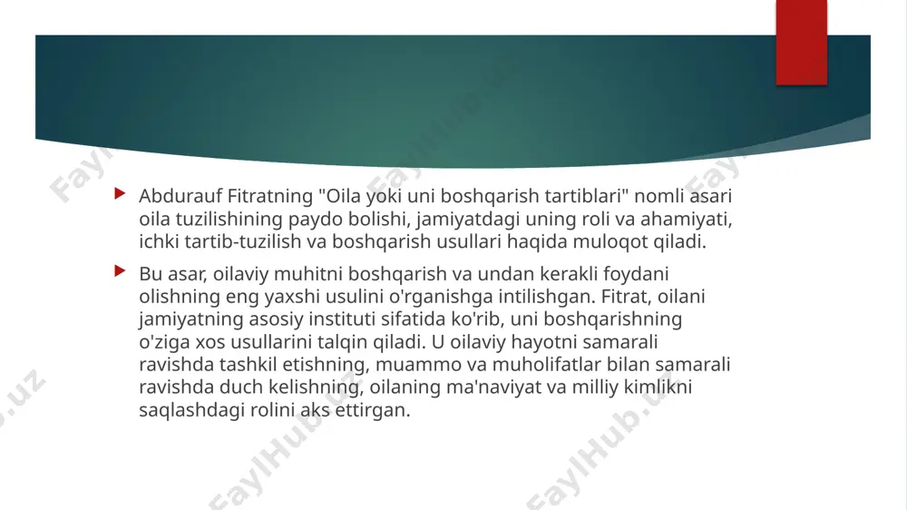 iklanish olib boriladigan joy deb ta'riflaydi. fitrat oilaning ijtimoiy, madaniy va iqtisodiy hayotdagi rolini yuksak baholaydi. bu yerda bolalar uchun zarur muhit yaratiladi - va ularga asosiy adabiyot, axloqiy qadriyatlar va milliy madaniyat tushunchalari o'rgatiladi. abdurauf fitratning fikrlariga qaraganda, oila jamiyatning asosiy va eng muhim instituti sifatida ko'rinadi. u uyg'onish, tadbirkorlik va turmushga oid jamiyatning eng muhim vazifalarini bajaradigan asosiy tuzilma sifatida tasvirlab beradi. oilani jamiyat ichidagi asosiy institut deb ataydi, chunki bu erda bolalar tarbiyasi va ma'naviy tiklanishi amalga oshadi. oila, bolalarni ma'naviy jihatdan tiklash, ularni ijtimoiy hayotga tayyorlash va ularni kelajakdagi jamiyat a'zolari sifatida tarbiyalash uchun juda muhimdir ushbu institut shuningdek oilaviy muloqot qonunlarini tartibga solish, oilaviy hayotdagi vazifalarni tasdiqlash va muvaffaqiyatli oilaviy ahillik strategiyalarini ishlab chiqish uchun muhimdir. oilalar o'z ichiga jamiyatning har xil tuzilmalarini oladi va bunyodkor ko'rsatkichlar bilan ko'proq o'xshashliklar ko'rsatadi: ijtimoiy yordam, axloqiy ta'lim, xususiy ehtiyojlar, ma'naviy rivojlanish va boshqalar. fitratning fikrlariga ko'ra, oila …