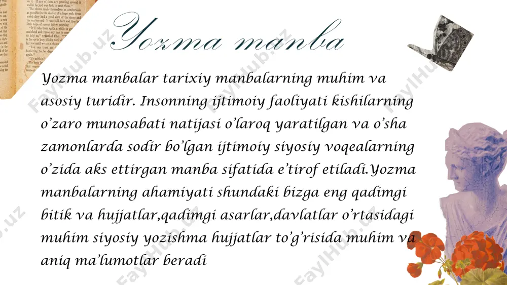 master title style click to edit master text styles click to edit master title style click to edit master text styles second level third level fourth level fifth level click to edit master title style click to edit master text styles second level third level fourth level fifth level click to edit master title style click to edit master text styles second level third level fourth level fifth level style.visibility ppt_w ppt_h style.visibility ppt_w ppt_h style.visibility ppt_w ppt_h style.visibility ppt_w ppt_h style.visibility ppt_w ppt_h style.visibility ppt_w ppt_h style.visibility ppt_w ppt_h style.visibility ppt_w ppt_h style.visibility ppt_w ppt_h style.visibility ppt_w ppt_h style.visibility ppt_w ppt_h style.visibility ppt_w ppt_h style.visibility ppt_w ppt_h style.visibility ppt_w ppt_h reja: 01.yozma manbalar haqida 03.o’rta asrga oid yozma manbalar 05.yozma manbalarning hozirgi kun bilan a’loqadorligi 02.qadimgi yozma manbalar 04.rivojlangan o’rta asrlaga oid yozma manbalar style.visibility ppt_w ppt_h style.visibility ppt_w ppt_h style.visibility ppt_w ppt_h style.visibility ppt_w ppt_h style.visibility ppt_w ppt_h …