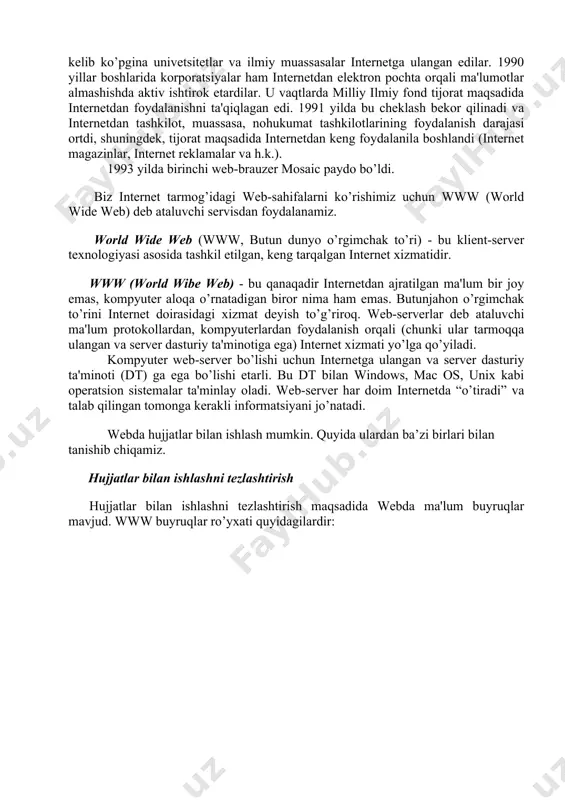 olis masofalardan kirishni ta'minlash, fayllarni manzillarga jo’natish, xabarlarga yo’l ko’rsatish yoki tarmoqlardagi buzilishlarni talqin qilish. tcp/ip internet global tarmog’ida kеng foydalanuvchi qaydnomalardir. u xam yirik korporativ tarmoqlarda, shuningdеk, koinpvutehar soni oz bo’lgan lokal tarmoqlarda xam qo’llaniladi. tcp (transmission control protocol). qabul qiluvchi va uzatuvchi kompyuterlarning mantiqiy bog’lanishga asoslangan ma'lumotlar uzatishini qo’llab - quvvatlovchi qaydnoma. ip (internet protocol)- ma'lumotlar uzatishni ta'minlaydi internetting paydo bo’lishi tarixi 60-yillarning oxirida amerika hukumati tomonidan asos solingan arpanet (advanced research projects agency tashkiloti) hisoblash tarmog’iga borib taqaladi. tarmoq harbiy tashkilotlarga xizmat qilgan. 1980 yillar boshlarida ma'lumotlarni uzatishni boshqarish protokoli tcp/ip (transmission control protocol / internet protocol) ga asos solindi. taxminan shu vaqtda ma'lum bo’ldiki, tcp/ip dan turli milliy va xalqaro darajadagi kompyuter tarmoqlarini bog’lashda foydalanish mumkin. 1989 yilning oxirida arpanet mukammal holga etib keldi, lekin bu vaqtga kelib ko’pgina univetsitetlar va ilmiy muassasalar internetga ulangan edilar. 1990 yillar boshlarida korporatsiyalar ham internetdan elektron pochta orqali ma'lumotlar …