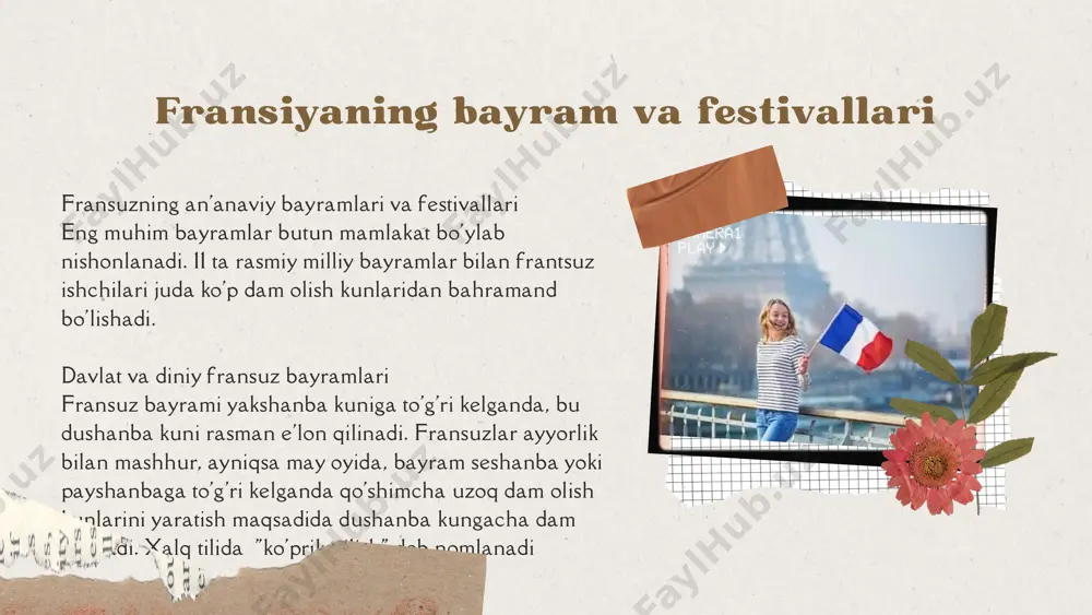 an bolada. bolaning kelishi frantsiyadagi tug'ilgan kun ziyofatiga tashrif buyuring va siz aqshda o'tkazgan tug'ilgan kuningiz bilan bir qator o'xshashlik va bir nechta farqlarni ko'rasiz. muzlash o'rniga meva bilan bezatilgan kekni kuting. "joyeux anniversaire!" qanday kuylashni o'rganing. va agar sovg'a uchun nimani tanlashni bilmasangiz, gullar yoki nafis o'ralgan va lenta bilan did bilan bezatilgan har qanday narsalarni oling. tugʻilgan kun anʼanalari frantsiyadagi bozor kunlari provans qishlog'idagi quyoshli bozor kuni 21-asrda ham an'anaviy frantsuz turmushining timsolidir. bu 800 yildan ortiq vaqtdan beri kuzatilishi mumkin bo'lgan yil davomida frantsuz an'anasidir. mahalliy aholi uchun bu ijtimoiy tashrif bilan birlashtirilgan xarid qilish sayohati; tashrif buyuruvchilar uchun bu hislar uchun bayramdir. yorqin do‘konlarda to‘qimachilik, jihozlar, antiqa buyumlar, qo‘lda ishlangan lavanta sovunlari, yangi gullar, kolbasalar, zaytun to‘plami va boshqalar mahalliy o‘ziga xosliklarni aks ettiradi. tushgacha hammasi tugadi, chunki hamma tushlik qilish va ehtimol siesta uchun kafe yoki uyga boradi. qishloqlar yoki bozorlari bo'lgan parij mahallalarining har …