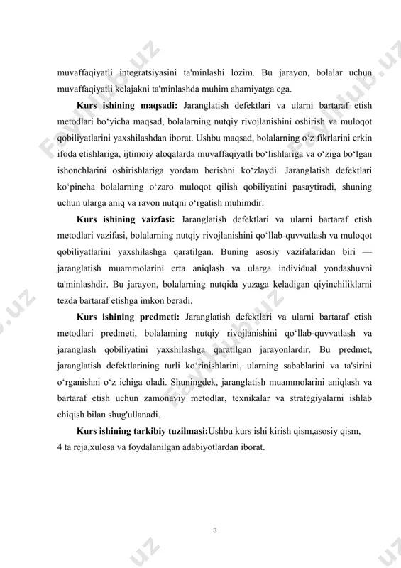 asosiy qism, 4 ta reja,xulosa va foydalanilgan adabiyotlardan iborat. ii. asosiy qism 1. jaranglatish defektlarining umumiy tavsifi. jaranglatish defektlari – bu bolalar nutqida jarangli va jarangsiz tovushlarning noto‘g‘ri talaffuzi yoki ularning almashtirilishi bilan bog‘liq bo‘lgan nutq buzilishlari bo‘lib, ular fonetik rivojlanish jarayonida turli sabablarga ko‘ra yuzaga keladi. ushbu muammo maktabgacha yoshdagi bolalar orasida keng tarqalgan bo‘lib, to‘g‘ri va aniq nutq shakllanishiga salbiy ta’sir ko‘rsatishi mumkin. jaranglatish defektlari bola nutqining muloqotga yaroqliligini pasaytiradi, so‘z boyligi va grammatika qoidalarini o‘zlashtirish jarayonida qiyinchiliklar tug‘diradi va ba’zan psixologik muammolarga ham sabab bo‘ladi. bu defektlarning asosiy sabablari orasida artikulyatsiya apparati mushaklarining yetarlicha rivojlanmaganligi, fonematik eshitishning zaifligi, markaziy yoki periferik asab tizimi buzilishlari, irsiy omillar va nutqiy muhitning yetarlicha rivojlanmaganligi kabi omillar kiradi. ayrim bolalarda bu muammo yengil shaklda namoyon bo‘lib, faqat ayrim tovushlarni noto‘g‘ri talaffuz qilish bilan cheklansa, boshqalarida esa jarangli va jarangsiz fonemalarning butunlay almashinuvi yoki yo‘qolishi kuzatilishi mumkin. masalan, bola “b” va “p”, …