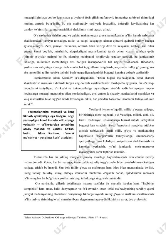 lovchi ustuvor tamoyil, bu jamiyatimiz tabiatiga, millatimiz mentalitetiga xos bo‘lgan insonparvarlik tub negizi hisoblanadi. binobarin, yoshlarimiz ruhiyatiga insonga mehr-muhabbat tuyg‘ullarini singdirish jarayonida milliy g‘oyaning ana shu tamoyilini ta’lim-tarbiya tizimini bosh maqsadiga aylantirish bugungi kunning dolzarb vazifasidir. prezidentimiz islom karimov ta’kidlaganidek, “erkin fuqaro ma’naviyatini, ozod shaxsni shakllantirish masalasi oldimizda turgan eng dolzarb vazifalardandir. boshqacha aytganda, biz o‘z haq-huquqlarini taniydigan, o‘z kuchi va imkoniyatlariga tayanadigan, atrofida sodir bo‘layotgan voqea-hodisalarga mustaqil munosabat bilan yondashadigan, ayni zamonda shaxsiy manfaatlarini mamlakat va xalq manfaatlari bilan uyg‘un holda ko‘radigan erkin, har jihatdan barkamol insonlarni tarbiyalashimiz kerak” . yoshlarni iymon-e’tiqodli, milliy g‘oyaga sadoqat, bir-birlariga mehr oqibatni, o‘z vataniga, millati, dini, tili, tarixi, madaniyati urf-odatlariga hurmat ruhida tarbiyalash bugungi kun talabidir. zero, fuqarolarni yangicha tafakkur asosida tarbiyalash orqali milliy g‘oya va mafkuraning hayotbaxsh insonparvarlik tomoyillariga, umumbashariy qadriyatlarga mos keladigan xulq-atvorni shakllantirish va kamolga yetkazish, ya’ni jamiyatda mehr-muruvvat madaniyatini qaror toptirish mumkin. yurtimizda har bir yilning muayyan ijtimoiy masalaga …