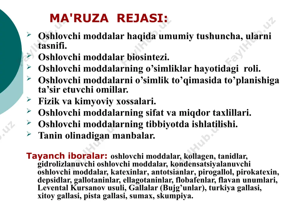 gеnning fibrillari orasidan sizib o’tib, turg’in birikma bеrolmaydi. polifеnollar oshlash xususiyatlariga ega bo’lishi uchun har 100 ta birikmada kamida 1-2 gidroksil bo’lishi shart. oshlovchi moddalar biosintezi i. gidrolizlanuvchi oshlovchi moddalar biosintezi glukoza inozit xin k-ta 5-degidroxin k-ta 5-degidroshikim shikim k-ta gallat k-ta k-ta gidrolizlanuvchi oshlovchi moddalarning asosiy qismini oksiaromatik karbon kislotalarning, qandlar yoki ko’p atomli spirtlar bilan hosil qilgan murakkab efirlar tashkil qiladi, bunda oraliq modda ya'ni shkim kislota ekanligi tasdiqlandi. ii. kondеnsasiyalanuvchi oshlovchi moddalarni biosintеzi kondensasiyalanuvchi tanidlarning asosiy qismi bo’lgan katehinlar va leykoantosiyanlar molonil-koa va asetil - koa larning kondensasiyasi orqali sintezlanadi. oshlovchi moddalarni o’simlik dunyosida tarqalishi lishayniklarda, suv o’tlari, qo’ziqorinlar tarkibida; sporali o’simliklardan - paporotniklar, qirqbo’g’mlar, plaun va moxlarda; yuqori o’simliklardan ayniqsa ikki pallali o’simliklar sinfiga kiruvchi oilalarda: ra'noguldoshlar dukkakdoshlar qoraqatdoshlar torondoshlar qoraqayindoshlar pistadoshlar va boshqa oilalarda ko’p uchraydi. tanidlar ayrim o’simliklarning patologik o’simtalarida (gallalarda) 70% dan ham ko’p bo’ladi. oshlovchi moddalar o’simlik to’qimasida oksidlanish-qaytarilish jarayonlarida faol ishtirok …