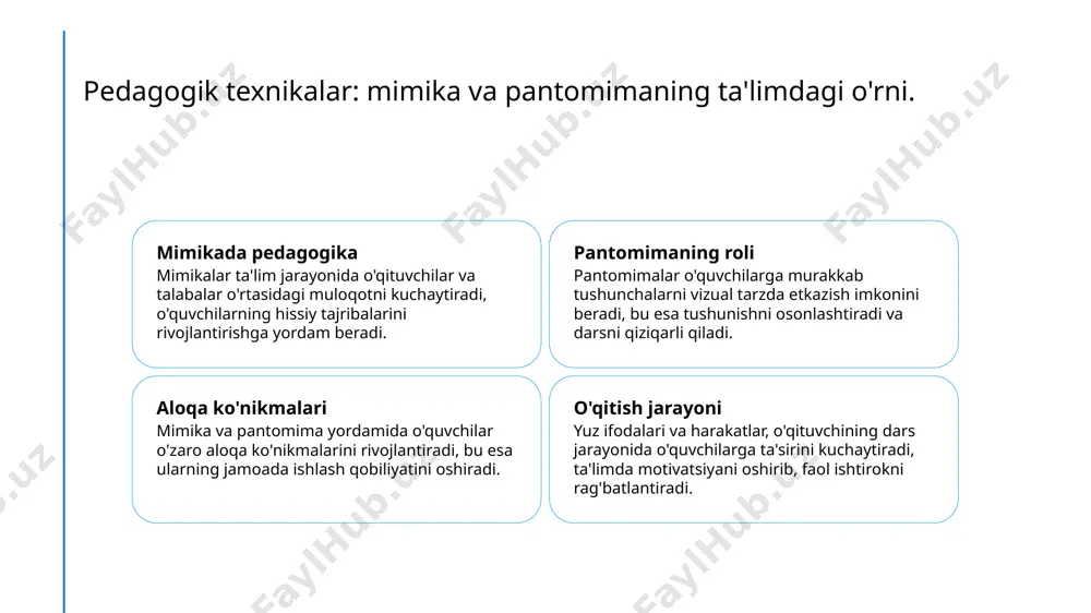 pantomimaning ahamiyati: o'qitishda kommunikatsiya vositasi sifatida. 1 mimikaning roli - mimika o'qitishda muhim rol o'ynaydi, chunki u o'quvchilarga muallimning fikrlarini va his-tuyg'ularini tezda tushunishga yordam beradi. 2 pantomimaning ahamiyati - pantomima o'qitish jarayonida vizual kommunikatsiya vositasi sifatida ishlatiladi, o'quvchilarni faollashtirib, ularning qiziqishini oshiradi. 3 emotsional bog'lanish - yuz ifodalari va harakatlar o'quvchilar bilan emotsional bog'lanishni kuchaytiradi, bu esa o'qitish jarayonining samaradorligini oshiradi. 4 o'qitishda strategiyalar - o'qituvchilar mimika va pantomimadan strategik foydalanish orqali o'quvchilarning diqqatini jalb qilishi va ularni ta'limga jalb qilishlari mumkin. yuz ifodalari va harakatlar: talabalarning ishtirokini rag'batlantirish usullari. 01 mimikalar va ishtirok mimikalar o'quvchilarning ishtirokini oshirishda muhim rol o'ynaydi. ular o'quvchilarning e'tiborini jalb qilishga yordam beradi. 02 harakatlar orqali aloqa o'qituvchilar harakatlar orqali fikrlarini aniq ifodalab, talabalarni faol ishtirok etishga undashlari mumkin. bu, muhokamalarda ishtirokni oshiradi. 03 emotsional muhit yuz ifodalari va harakatlar o'quv jarayonida emotsional muhitni yaratadi. bu talabalarning o'zini erkin his qilishlariga yordam beradi. 04 …