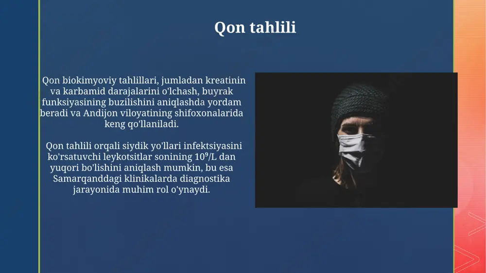 1000x kattalashtirish ostida amalga oshiriladi va buyrak kasalliklarini aniqlashga yordam beradi. urologik kasalliklarni diagnostikasi usullari siydik yo'llari infektsiyalarini aniqlashda, andijon viloyatida 500 dan ortiq bemorda o'tkazilgan tadqiqotlar shuni ko'rsatdiki, siydik tahlili va siydik madaniyati kabi oddiy 2 ta tekshiruvlar 95% aniqlik bilan natija beradi. urologik kasalliklarni tashxislashda, masalan, buyrak toshlarini aniqlashda, 80% hollarda rentgenografiya, 15% hollarda esa ultratovush tekshiruvi samarqanddagi mintaqaviy shifoxonalarda qo'llaniladi. jismoniy tekshiruv jismoniy tekshiruv jarayonida, bemorning qorin bo'shlig'ini 3 ta asosiy mintaqada – gipoxondriya, qorin o'rtasi va pastki qorin sohasida palpatsiya qilinadi, bu esa buyrak, siydik pufagi va prostata bezining kattalashishini aniqlashga yordam beradi. perkussiya va auskultatsiya usullaridan foydalanib, siydik pufagining to'ldirish darajasi va uning hajmi, masalan, 500 ml dan ortiq bo'lsa, aniqlanadi, bu esa siydik yo'llari infektsiyasi ehtimolini ko'rsatishi mumkin. mikroskopik tekshiruv mikroskop ostida siydikdagi kristallarni, masalan, kaltsiy oksalat yoki siydik kislotasi kristallarini aniqlash, buyrak toshlari xavfini baholashga yordam beradi, bu samarqand viloyati shifoxonalarida keng qo'llaniladigan …