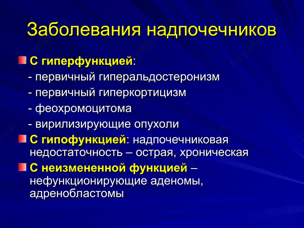 i gipofiza (operatsii, vospalenie, luch. terapiya) otlichiya ot pervichnoy nedostatochnosti np: 1) net giperpigmentatsii 2) net elektrolitnix rasstroystv diagnostika xronicheskoy nedostatochnosti np kortizol v siv. utrom <140nmol/l aktg - pervichnaya, - vtorichnaya otsenka funkts. rezervov np – infuziya aktg 2-5 dney i opredelenie kortizola at k antigenam np. isklyuchenie tbc. vizualizatsiya np ne nujna lechenie xronicheskoy nedostatochnosti np dieta s visokim soderjaniem natriya prednizolon vnutr 7,5 mg utrom i 2,5 mg dnem fludrokortizon (kortinef) 0,05-2 mg utrom mkk ne vsegda nujni. instruktsiya dlya bolnogo o lechenii vo vremya nagruzok na np. doma-ampuli gidrokortizona pri tyajelix infektsiyax, stresse, operatsiyax – gidrokortizon 100 mg v/v kajdie 8 ch.