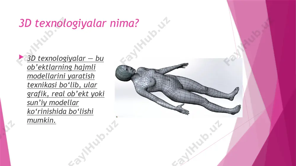 larni 3d bio-printing yordamida tayyorlash rejalashtirilmoqda. afzalliklari aniq modellar tezkor tayyorlash kamroq xatolik bemor uchun qulaylik o‘zbekistonda holati o‘zbekistonda ham 3d texnologiyalar kirib kelmoqda, ba’zi klinikalarda allaqachon joriy etilgan. xulosa 3d texnologiyalar tibbiyotda innovatsion burilish yaratmoqda. ular bemorlar hayot sifatini oshirishga xizmat qiladi. . “ ” savollar bo‘lsa? e’tiboringiz uchun rahmat! savollaringiz bo‘lsa, mamnuniyat bilan javob beraman. image1.png image2.png image3.png image4.png image5.png image6.png image7.jpg image8.png image9.png image10.png image11.png image12.png image13.png image14.png image15.png image16.png /docprops/thumbnail.jpeg