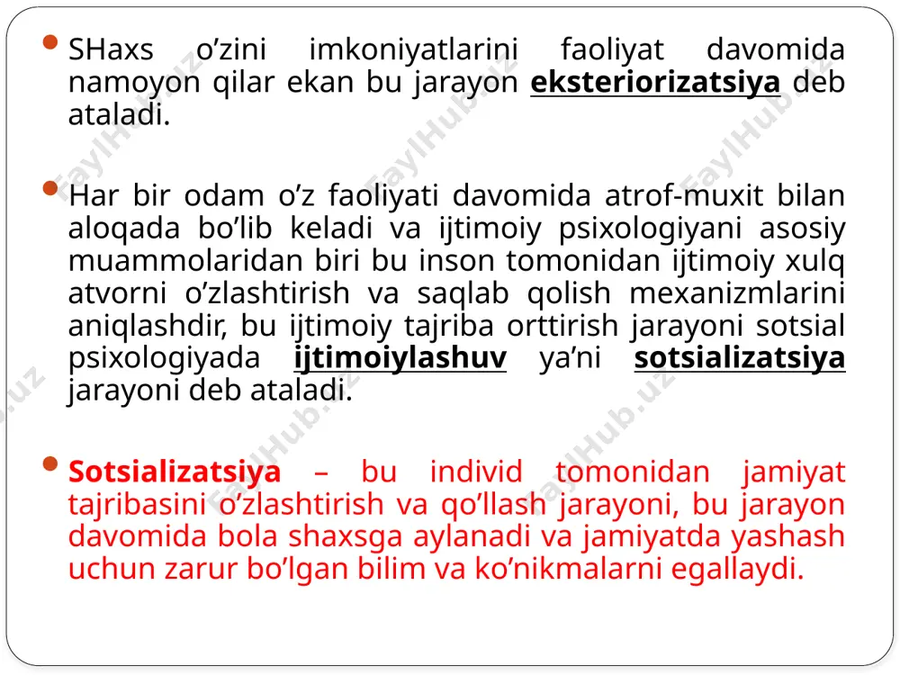 dning ichki tuzilmasi (intraindividlik) – u insonni temperamenti, xarakteri, qobiliyatini tuzilishida o`z aksini topib, u zarur, lekin shaxs psixologiyasini bilish uchun etarli emas. 2. shaxsni real mavjud bo`lishi uchun uni predmetlar bilan faoliyat jarayondagi munosabatini o`z ichiga olib, insonni ma’lum xarakteristikalarini fazoda individni organik tanasidan tashqarida izlash lozim bo`lib, u shaxsning interindivid tuzilmasini tashkil qiladi. 3. individ usti (metaindivid) tuzilma markazida insonni faoliyat jarayonida insonlardan muloqat jarayonida boshqalarga ta’sir va boshqalardan olinadigan ta’siri sifatida namoyon bo`lib, u persona ravishda namoyon bo`ladi. a.v.petrovskiy o`z strukturasiga 3 tuzilmani kiritgan. bu shaxs individualligi, uni shaxslararo munosabatlarda namoyon bo`lishi va boshqa insonlargan ta’sir eta olishi bo`lib, shaxs doimo shu uchlikda namoyon bo`lishi va individlararo, ijtimoiy munosabatlar sub’ekti sifatida mavjud bo`lishi lozim. s.l.rubinshteyn bo`yicha shaxs strukturasi quyidagi ko`rinishga ega: yo´nalganlik-ehtiyojlar, qiziqishlar, ideal, e’tiqod, etakchi motivlar, xulq-atvor va dunyoqarashda namoyon bo´ladi. bilim, ko´nikma va malaka-bilish, o`qish faoliyati natijasida hayot jarayonida orttiriladi individual tipologik xususiyatlar-temperament, xarakter va …