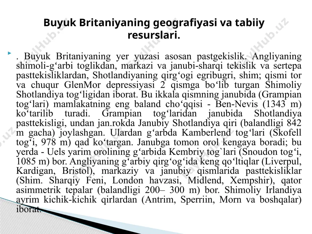 hotlandiya milliy partiyasi, 1928 yilda tashkil etilgan; britaniya kommunistax partiyasi, 1988 yilda buyuk britaniya kommunistik partiyasining sobiq aʼzolari tomonidan tuzilgan; soʻl demokratlar partiyasi, 1920 yil tashkil etilgan. eng yirik kasaba uyushma birlashmasi - britaniya tredyunionlar kongressi, 1868 yil tuzilgan; shotlandiya tredyunionlar kongressi, 1897 yil tuzilgan; tredyunionlar umumiy federatsiyasi, 1899 yil tuzilgan; uels tredyunionlar kongressi, 1973 yil tashkil etilgan. buyuk britaniyada 2018 yil ma’lumotlariga ko`ra 64,,4 mln kishi istiqomat qiladi. aholisining 81,5 %i inglizlar. uelslar yoki valliylar (1,9 %), shotlandlar (9,6 %), irlandlar (2,4 %) va boshqa xalqlar bor. davlat tili va aholining ko`pchiligi gaplashadigan til - ingliz tili. irlandlar, uelslar va gellarning bir qismi kelt 105 tillariga kiradigan mahalliy tillarda gaplashadilar.dindorlarning aksariyati protestantlar; aholisining bir qismi (shu jumladan irlandlar) katoliklardir. aholining 90 % i shaharlarda yashaydi (1996). yirik shaharlari: london, birmingem, glazgo, liverpul, manchester, sheffild, lids. buyuk britaniya aholisi va qishloq xo‘jaligi. qishloq xoʻjaligida mamlakatdagi mehnatga qobiliyatli aholining 2 % …