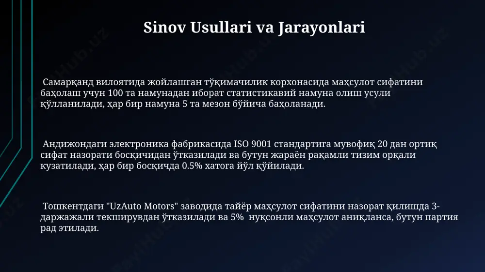 q mahsulot qayta ishlashga yuborilganligi aniqlandi, bu esa sifat nazorati tizimining samaradorligini oshirish zarurligini ko'rsatadi. andijon shahridagi to'qimachilik fabrikasida 2022-yilda sifat nazorati natijalariga asoslanib, 3000 dona mahsulotning 2% qaytarildi, bu esa xomashyo sifati va ishlab chiqarish texnologiyalarini takomillashtirish lozimligini ko'rsatdi. e'tiboringiz uchun rahmat @taqdimot_robot