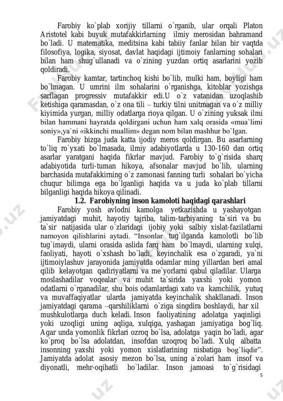 lari mukammal taraqqiy etgan, sog`lom bo`lish lozim;ikkinchidan, tez fahm so`zlovchining maqsadini tez payqay oladigan bo`lsin; uchinchidan, xotirasi juda kuchli va mustahkam bo`lsin; to`rtinchidan, zehni tez va o`tkir bo`lsin; beshinchidan nutqi ravon ,fikri teran mulohazalarini yorqin bayon eta olsin; oltinchidan, bilish va o`rganishga ishtiyoqi baland bo`lib, bilimlarini charchashni sezmasdan o`zlashtira olsin; yettinchidan nafsini tiya oladigan, qimor o`yinlaridan jirkanadigan bo`lsin; sakkizinchidan haqiqatni sevadigan bo`lsin; to`qqizinchidan g`ururli va vijdonli bo`lsin, oliyjanob ishlarga intilsin; o`ninchidan mol-dunyo yig`ishga berilmasin; o`n birinchidan adolatli bo`lsin, odamlarni adolatga targ`ib etadigan bo`lsin; o`n ikkinchidan adolatli bo`lsin, ammo qaysar bo`lmasin, adolat oldida qaysarlik qilib, o`zbilarmonlikka berilmasin, lekin har qanday adolatsizlik, pastkashlik oldida lafzli bo`lsin, o`zi zarur deb bilgan narsasini amalga oshirishda qat`iylik ko`rsatsin, qo`rqmas, jasur bo`lsin, qo`rqish va ojizlikni bilmasin”. olimning fikricha “fozil” inson barkamlol shaxs bo`lishi uchun ma`naviy- axloqiy illatlardan xoli, ruhan, ma`nan va jismonan so`glom bo`lishi lozim. haqiqiy inson aql idrok tufayli barcha ne`matlarga ega bo`ladi va adolatli …