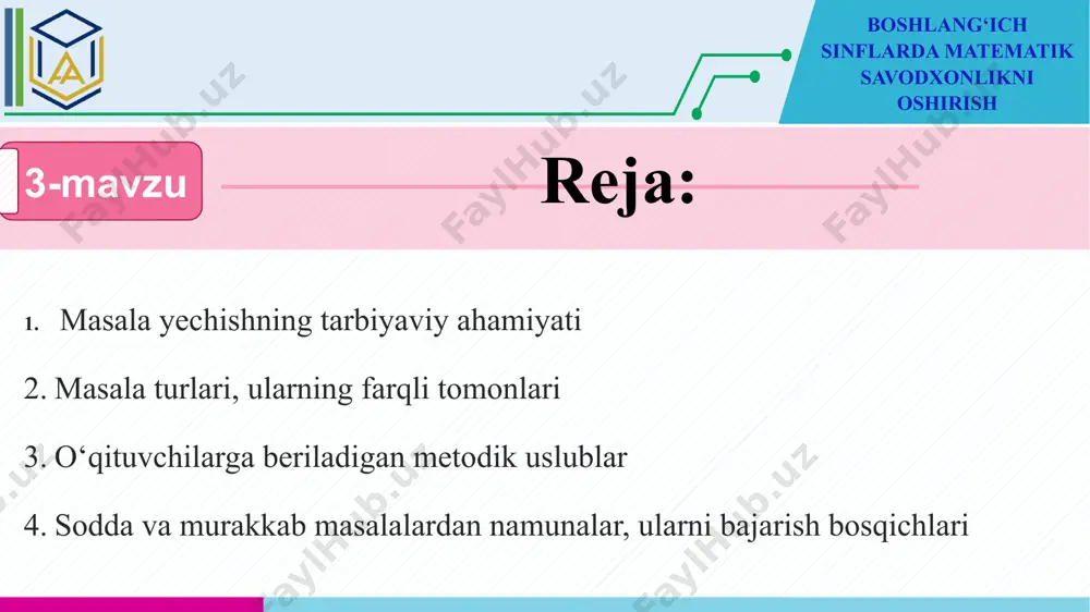 usullar bilan yechtirish qisqa shart asosida o‘quvchilarga masala tuzdirish o‘zgartirish kiritgan holda o‘quvchilar fikrini so‘rab tahlil qilish yechimni tekshirish differensional (sharoit va o‘quvchiga moslab) ish olib borish boshlang‘ich sinflarda matematik savodxonlikni oshirish sodda masaladan namuna o‘zbekiston davlat sirkiga bir kunda 1800 ta tomoshabin tashrif buyurdi. umumiy tomoshabinlar uchun ajratilgan o‘rindiqlar soni 2500 ta bo‘lsa, yana qancha tomoshabin tashrif buyurishi mumkin? tashrif buyurganlar soni-1800 ta jami o‘rindiqlar soni-2500 ta yechim: 2500-1800=700 tashrif buyurishi mumkin -? ta boshlang‘ich sinflarda matematik savodxonlikni oshirish sodda masaladan namuna o‘zbekiston davlat sirkiga bir kunda 1800 ta tomoshabin tashrif buyurdi. umumiy tomoshabinlar uchun ajratilgan o‘rindiqlar soni 2500 ta bo‘lsa, yana qancha tomoshabin tashrif buyurishi mumkin? javob: ? 700 ta tomoshabin tashrif buyurishi mumkin. boshlang‘ich sinflarda matematik savodxonlikni oshirish sodda masaladan namuna 55 km/h bilan harakatlanayotgan avtobus 4 soatda necha km yo‘lni bosib o‘tadi? 55 km/h h=4 soat ? km yechim: s=v*t=55*4=220 km boshlang‘ich sinflarda matematik savodxonlikni oshirish …