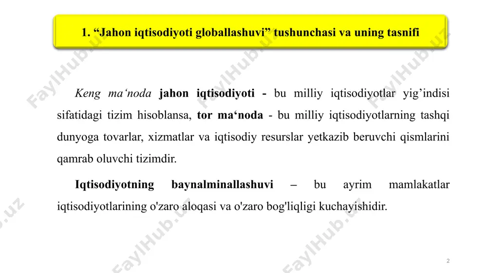 allashuv davlatlar va integratsiya uyushmalarining iqtisodiy faollikka tortib, savdo va investitsiya to’siqlarini olib tashlaydi, erkin savdo hududlarini tashkil qilish asosida paydo bo‘ladi. 5 “ochiq iqtisodiyot” tushunchasi ishlab chiqarish omillari, axborot, milliy valyutalaming o‘zaro almashuvining erkin harakatini o‘z ichiga olgan tovarlar savdosi ko‘rinishidir. ochiq iqtisodiyot ichki bozorning chet el kapitali, tovarlari, texnologiyalari, axborotlari, ishchi kuchining oqimi uchun aqlga to‘g‘ri keladigan darajada ochiqligini nazarda tutadi. ochiq iqtisodiyot uning aqlga sig‘adigan darajada amalga oshirish mexanizmini shakllantirishda davlatning sezilarli aralashuvini talab qiladi. hech bir mamlakatda iqtisodiyotning mutlaq (absolyut) ochiqligi yo‘q. ochiqlik miqdorining birinchi darajali indikatoriga eksport va importning yalpi ichki mahsulotdagi (yaim) ulushini kiritish mumkin. 6 eksportning yaimga munosabati eksport kvotasi sifatida aniqlanadi: ek = 100%, bu yerda ek - eksport kvotasi, x —eksport hajmi. agar ek 10% bo’lsa, iqtisodiyotning ochiqligi maqsadga muvofiq hisoblanadi. import kvotasi: ik = 100%, bu yerda ik —import kvotasi, m — import hajmi. ochiqlikning kompleks kо’rsatkichlaridan biri deb odatda …