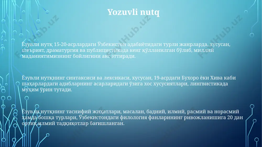r bilan 1000 ta muloqot orqali o'rganilgan. nutq, 5 ga yaqin asosiy funksiyani o'z ichiga oladi, jumladan, ijtimoiy munosabatlarni shakllantirish, axborot uzatish, shuningdek, andijon viloyatida o'tkazilgan sotsiolingvistik tadqiqotlarga ko'ra, nutqning ijtimoiy-madaniy funksiyasi ham muhim ahamiyat kasb etadi. e'tiboringiz uchun rahmat @taqdimot_robot image1.png image2.png image3.png image4.png image5.png