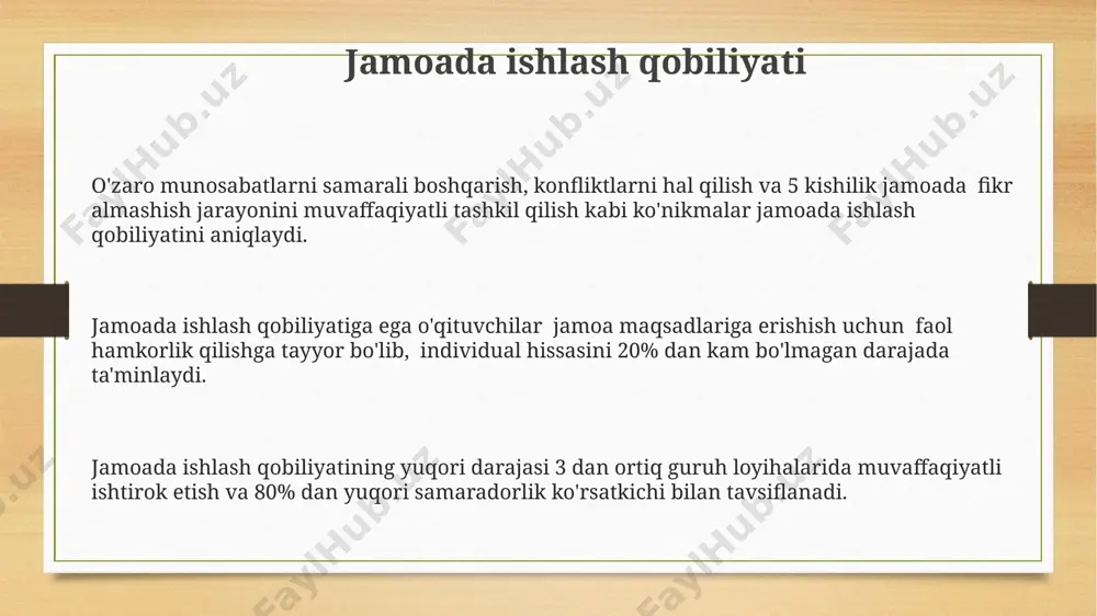 talabalar bilan munosabatlarda hissiy aqlni samarali qo'llaydilar. o'qituvchilarning kamida 15% i innovatsion pedagogik uslublarni qo'llashda yuqori motivatsiyaga ega, o'z uslublarini muntazam ravishda takomillashtirib boradilar. ta'lim jarayonida taxminan 20% o'qituvchilar tartib-intizomga qat'iy rioya qilish bilan ajralib turadi, ularning pedagogik faoliyatida aniqlik va tashkilotchilik ustunlik qiladi. o'z ustida ishlash va rivojlanish o'z ustida ishlashga bag'ishlangan 30% vaqt ajratish, pedagogik mahoratni 15% ga oshirishga olib keladi, bu esa o'quvchilarning bilim darajasini 10% ga yaxshilashga yordam beradi. professional rivojlanish uchun har yili kamida 2 ta trening yoki seminarlarda ishtirok etish, o'qituvchining pedagogik kompetensiyasini 10-15 ballga yaxshilashi mumkin (5 ballik shkala bo'yicha). kamida 5 ta yangi o'quv uslublarini o'rganish va amaliyotga joriy etish, o'qitish samaradorligini 20% ga oshirishi mumkin, bu o'z ustida ishlashning muhim ko'rsatkichidir. shaxsiy fazilatlarga ko'ra guruhlash tadqiqotlar shuni ko'rsatdiki, o'qituvchilarning 30% i innovatsion pedagogik texnologiyalarni qo'llashda yuqori ko'rsatkichlarga ega bo'lib, zamonaviy ta'lim tizimiga moslashgan. o'qituvchilarning 70% i yuqori darajada empatiyaga ega bo'lib, …