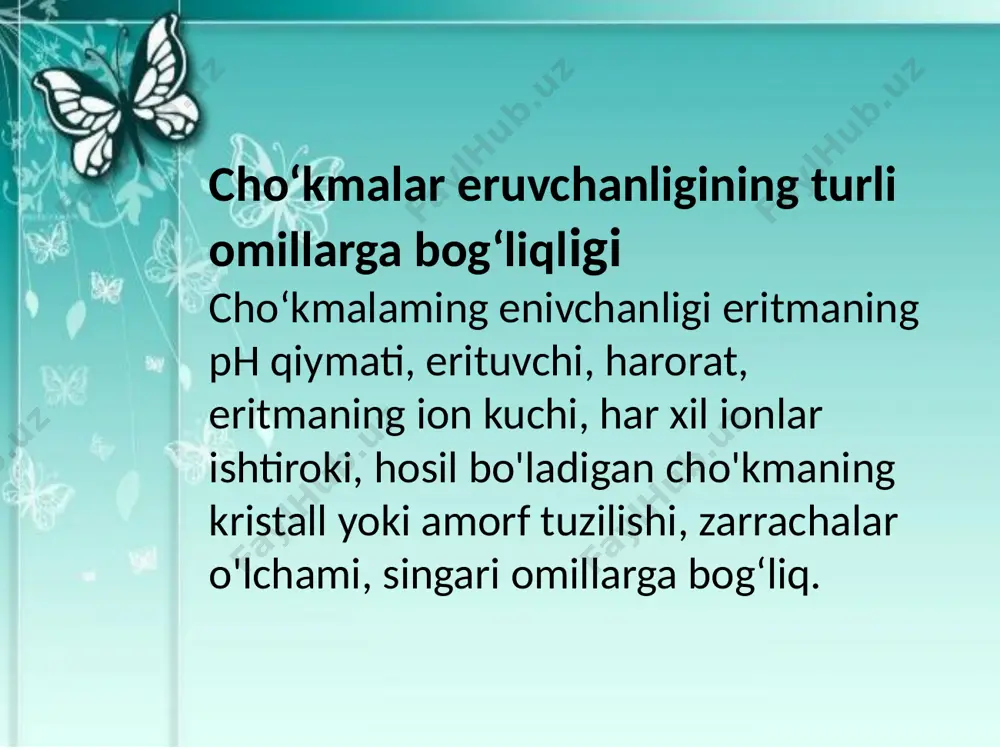 kislota qoldig'idan iborat bo'lsa, uning eruvchanligi eritma ph qiymatiga bog'liq. gidroliz reaksiyasi tuzning umumiy eruvchanligini oshiradi.cho'kmalarning eruvchanligi eritmaning ph qiymati, erituvchining tabiati va boshqa omillarga bog‘liq. a gar [h*] ma’lum bo'lsa, a qiymat hisoblangandan so'ng, uning yordamida shartli eruvchanlik ko'paytmasi qiymatini baholash mumkin. cho'kmalarining eruvchanligi gidroliz reaksiyalariga ham bog'liq. agar tuz ko‘p negizli asosdan hosil bo'lgan bo'lsa, u bosqichli gidrolizlanadi va gidroliz natijasida kuchli kislota hosil bo'ladi. buni hisobga olgan holda ionning eritmadagi ulushini topamiz: gidroliz reaksiyasi tuzning umumiy eruvchanligini oshiradi.cho'kmalamning eruvchanligi eritmaning p h qiymati, erituvchining tabiati va boshqa omillarga bog‘liq. m asalan, kaliy-natriy kobaltinitrit ishqoriy muhitda cho‘kmaydi, bariy sulfat esa kislotali muhitda ham, ish qoriy m uhitda ham cho'kadi. b ir erituvchini boshqasi bilan alm ashtirish natijasida cho'kmaning eruvchanligi keskin o‘zgarishi mumkin. bu erituvchining tabiatiga bog‘liq. agar erituvchining qutblanganligi kuchli bo'lsa, eruvchanlik ko'tariladi. suvda yaxshi eriydigan moddalar ko'pgina organik erituvchilarda yomon eriydi. masalan, natriy va kaliy xloridlari, nitratlari …