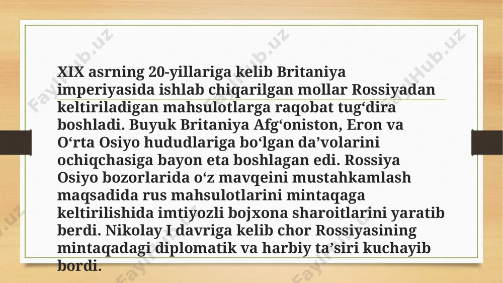 ng qamrovli harbiy harakatlar natijasida turkiston, mangʻishlok va orenburg tarafidan xiva xonligiga yurish uyushtiriladi. harbiy harakatlarga 49 ta rota, 32 ta yuzlik, 34 ta zambarak va 2 ta paroxod jalb etildi. may oyiga kelib, hazorasp qalʼasi zabt etildi, koʻp oʻtmay xiva, qoʻngʻirot, xoʻjayli, mangʻit qalʼalari va gurlan bekligi taslim boʻldi. avgust oyida xiva xonligi bilan sulh shartnomasi tuzildi. xiva xonligi rossiya vassalligini qabul qilib, muhammad rahim bahodirxon (feruz) hukmronligi saqlab qolindi. 1873-yilning kuzida buxoro xonligi bilan yangi siyosiy shartnoma imzolandi xiva xonligining vassalga aylanishi 1875-1876-yilgi harbiy harakatlar natijasida fargʻona vodiysida xudoyorxon va rus hukumatiga qarshi koʻtarilgan qoʻzgʻolon bostirildi. soʻngra qoʻqon xonligi tugatilib, rossiya tarkibidagi fargʻona viloyati tashkil etildi. 1881-yilda axal-tekin vohasi rus qoʻshinlarining ayovsiz hujumlari ostida taslim boʻldi, ashxobod zabt etildi. rossiya va eron oʻrtasida chegara belgilashga qaratilgan konvensiya imzolandi. 1884-yilda marv taslim boʻldi. 1885-yilda pendin va murgʻob vohasida yashovchi turkman qabilalari rossiya fuqaroligini qabul qildilar. kushka rossiyaning eng janubiy …