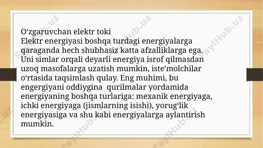 chastotasi ω bilan harakterlanadi. ω,f va t orasida bog‘lanishlar quyidagi formulalar bilan berilgan: ω = 2πf (1) (2) o‘zgaruvchan tok o‘zining oniy qiymatlari bilan, ya’ni tok kuchining, kuchlanishni va eyukni oniy qiymatlari bilan harakterlanadi. tok kuchi vaqt bo‘yicha sinusoidal o‘zgaradi: i = jmsin(ωt+α0) (3) tokning ixtiyoriy paytdagi bu qiymatiga o‘zgaruvchan tokning oniy qiymati deyiladi. tokning jm eng katta qiymatiga o‘zgaruvchan tokning amplituda qiymati deyiladi (1-rasm). o‘zgaruvchan tok manbaining eyuksi ε yoki tashqi zanjir qismidagi kuchlanishi u ham, tok kuchi singari sinusoidal qonuniyatga bo‘ysinadi: ε = εm sin(ωt+α0) (4) u = um sin(ωt+α0) (5) (3), (4), (5) formulalardan ko‘rinadiki, eyukning faza o‘zgarishi bilan tok kuchi, kuchlanishning faza o‘zgarishi bir xildir. o‘zgaruvchan tokni o‘lchashi uchun uning o‘rtacha issiqlik ta’sirini o‘zgarmas tokning issiqlik ta’siri bilan taqqoslashiga asoslangan. o‘zgarmas tok t=t vaqt ichida r qarshilikka ega bo‘lib q1 issiqlik ajratadi. t = t vaqt ichida o‘zgarmas va o‘zgaruvchan toklar bir xil issiqlik miqdorini ajratadilar …