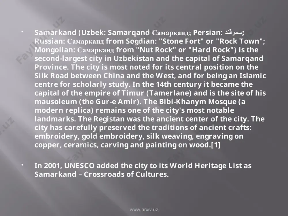 d by the ashtarkhanid dynasty of bukhara. from 1756 to 1868, samarkand was ruled by the manghyt emirs of bukhara.[22] the city came under russian rule after the citadel had been taken by a force under colonel konstantin petrovich von kaufman in 1868. shortly thereafter the small russian garrison of 500 men were themselves besieged. the assault, which was led by abdul malik tura, the rebellious elder son of the bukharan emir, and bek of shahrisabz, was repelled with heavy losses. alexander abramov became the first governor of the military okrug, which the russians established along the course of the zeravshan river, with samarkand as the administrative centre. the russian section of the city was built after this point, largely to the west of the old city. in 1886, the city became the capital of the newly formed samarkand oblast of russian turkestan and grew in importance still further when …