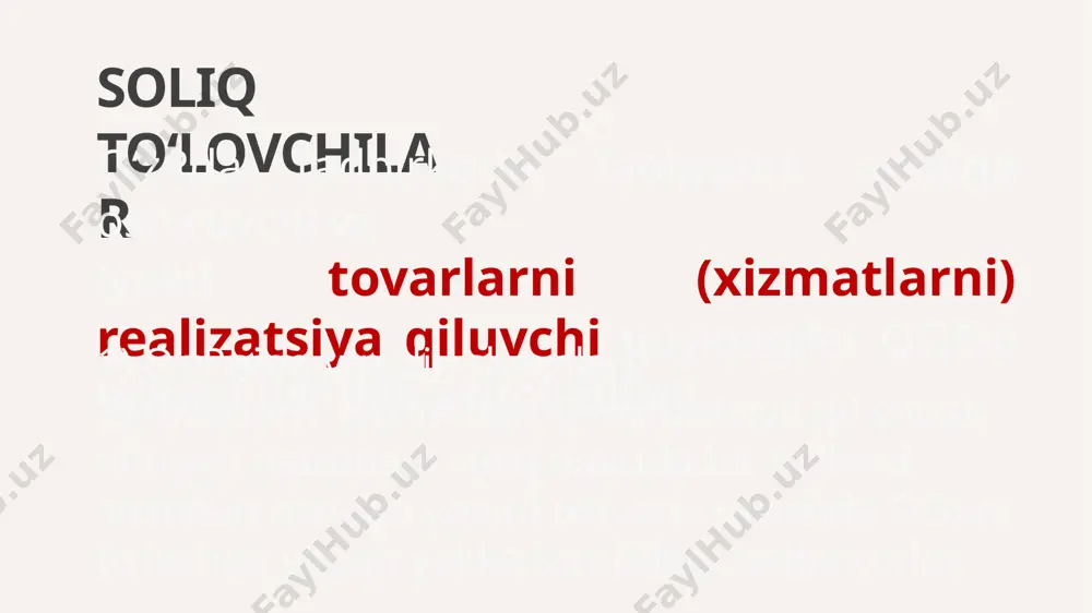 aylanma; 2) oʻzr hududiga tovarlarni olib kirish. soliq solish ob’yekti 1) yakka tartibdagi tadbirkor tomonidan oʻz tadbirkorlik faoliyatini amalga oshirish bilan bogʻliq boʻlmagan shaxsiy (oilaviy) mol-mulkni realizatsiya qilish; 2) yuridik shaxs qayta tashkil etilayotganda uning mol-mulkini huquqiy vorisga (huquqiy vorislarga) oʻtkazish; deb hisoblanmaydi soliq solish ob’yekti 3) ishonchli boshqaruvning muassisi tomonidan mol-mulkni ishonchli boshqaruvchiga berish va ishonchli boshqaruv shartnomasining amal qilish muddati tugagan taqdirda, ishonchli boshqaruvchining oʻzi ishonchli boshqaruvga berilgan mol-mulkni qaytarishi; 4) milliy valyuta yoki chet el valyutasi muomalasi bilan bogʻliq operatsiyalarni amalga oshirish (bundan numizmatika maqsadlari mustasno). deb hisoblanmaydi tovarlarni realizatsiya qilish boʻyicha aylanma 1) tovarga boʻlgan mulk huquqini pullik asosda, shu jumladan tovarning qarz shartnomasi boʻyicha oʻtkazish; 2) tovarni bepul berish, bundan shunday berish iqtisodiy jihatdan oʻzini oqlaydigan hollar mustasno; 3) mol-mulkni moliyaviy ijaraga (lizingga) berish; 4) tovarni boʻlib-boʻlib toʻlash shartlari asosida berish. xizmatlarni realizatsiya qilish boʻyicha aylanma tovarni realizatsiya qilishdan farq qiluvchi har qanday faoliyat, shu …