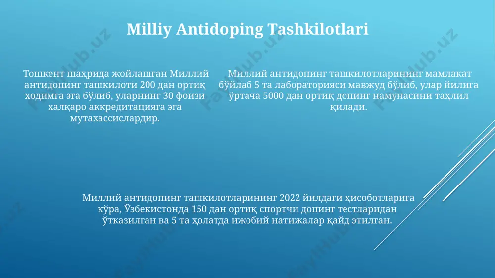 sportchilarning o'zlarining sport faoliyatiga aloqador huquqlarini himoya qilishda muhim ahamiyatga ega bo'lib, bu adolatli jarayonlarni kafolatlaydi. 2022-yilda o'zbekistonda 150 dan ortiq sportchi doping tekshiruvlaridan o'tgan va ularning huquqlari milliy qonun hujjatlari va xalqaro konventsiyalar bilan himoyalangan. bu esa sportchilarning adolatli muomala olishini ta'minlaydi. sportda dopingga qarshi kurashning strategiyasi xalqaro olimpiya qo'mitasi (xoq)ning "sportdagi poklik" dasturi doirasida 2024 yilgi parij olimpiadasida 10000 dan ortiq sportchiga qat'iy nazorat o'tkazish rejalashtirilgan bo'lib, bu oldingi olimpiadalardan ancha yuqori. o'zbekistonda sportning turli turlarida 2022 yilda o'tkazilgan tekshiruvlar natijasida 10 dan ortiq dopingga qarshi qoida buzilishi holatlari aniqlangan va tegishli jazo choralari qo'llanilgan. jahon antidoping agentligi (wada)ning 2023 yildagi hisobotiga ko'ra, 150 dan ortiq mamlakatda 3000 dan ziyod dopingga qarshi test o'tkazilib, 5% dan ko'proq ijobiy natijalar qayd etilgan. e'tiboringiz uchun rahmat @taqdimot_robot