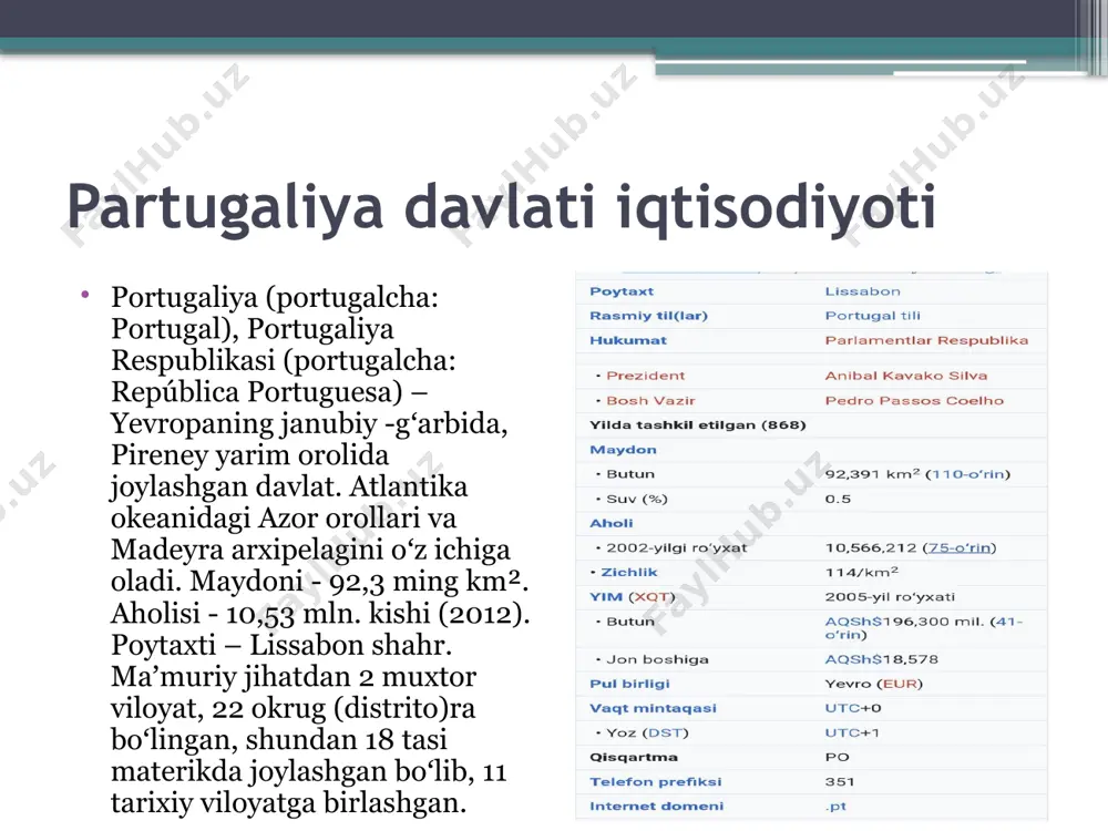 joylashgan, masalan, xalqaro qog'oz bozorida asosiy jahon o'yinchisi bo'lgan navigator kompaniyasi ; sonae industria , dunyodagi eng yiri corticeira amorim , mantar ishlab chiqarish bo'yicha jahon yetakchisi; conservas ramirez , eng qadimgi konserva ishlab chiqaruvchisi; [ 46 ] cimpor , tsement ishlab chiqarish bo'yicha dunyoda 10-o'rinda turadi; edp renováveisk yog'och panellar ishlab chiqaruvchisi; partugaliya davlati iqtisodiyoti shamol energiyasi bo'yicha dunyoda uchinchi o'rinda turadi; jerónimo martins , iste'mol tovarlari ishlab chiqaruvchisi va portugaliya, polsha va kolumbiyadagi chakana bozor yetakchisi; tap air portugal o'zining xavfsizlik ko'rsatkichlari bilan yuqori baholanadi va yevropani afrika va lotin amerikasi (ayniqsa braziliya) bilan bog'laydigan yetakchi aviakompaniyalardan biri. partugaliya davlati iqtisodiyoti partugaliya davlati iqtisodiyoti iqtisodiyotining eng muhim tarkibiy qismi bo'lib, yalpi qo'shilgan qiymatning (yamm) 75,8 foizini tashkil etadi va mehnatga layoqatli aholining 68,1 foizini ish bilan ta'minlaydi. undan keyingi o'rinlarda yaimning 21,9% ni tashkil etuvchi sanoat sektori turadi, bu esa ish o'rinlarining 24,5% ni tashkil etadi. partugaliya davlati …