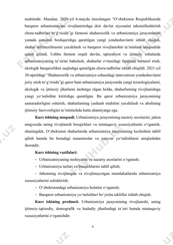 shlar bilan bog‘liq holda yuz beradi. bu jarayon odamlarning ish izlab shaharlarga ko‘chishi, ta’lim va sog‘liqni saqlash kabi xizmatlardan foydalanish imkoniyatini oshirishi natijasida vujudga keladi. tor ma’noda urbanizatsiya aholining shaharlarga to‘planishi, shahar aholisi ulushining ortishi va qishloq joylarda yashovchi aholining kamayishi jarayoni sifatida talqin qilinadi. biroq keng ma’noda urbanizatsiya faqat demografik emas, balki shahar turmush tarzining butun jamiyatga yoyilishi, ijtimoiy ong va madaniyatdagi o‘zgarishlar, mehnat munosabatlarining o‘zgarishi, urbanistik turmush tarzi va iste’mol madaniyatining shakllanishini ham o‘z ichiga oladi. urbanizatsiya aholining bandlik darajasiga, yashash sharoitlariga, transportga, ekologik holatga, ijtimoiy xizmatlarga ham sezilarli darajada ta’sir ko‘rsatadi. urbanizatsiya jarayoni tarixan xix asrda yevropada boshlangan sanoat inqilobi davridan boshlab jadal tus oldi. o‘sha davrda sanoat markazlarining paydo bo‘lishi natijasida odamlar ish izlab shaharlarga ko‘chib kela boshladilar. xx asrda urbanizatsiya jarayoni jahon miqyosida tezlashdi. 1950-yillarda jahon aholisi orasida shaharliklar ulushi 29 foizni tashkil qilgan bo‘lsa, bugungi kunda bu ko‘rsatkich 55 foizdan oshdi va yil sayin …