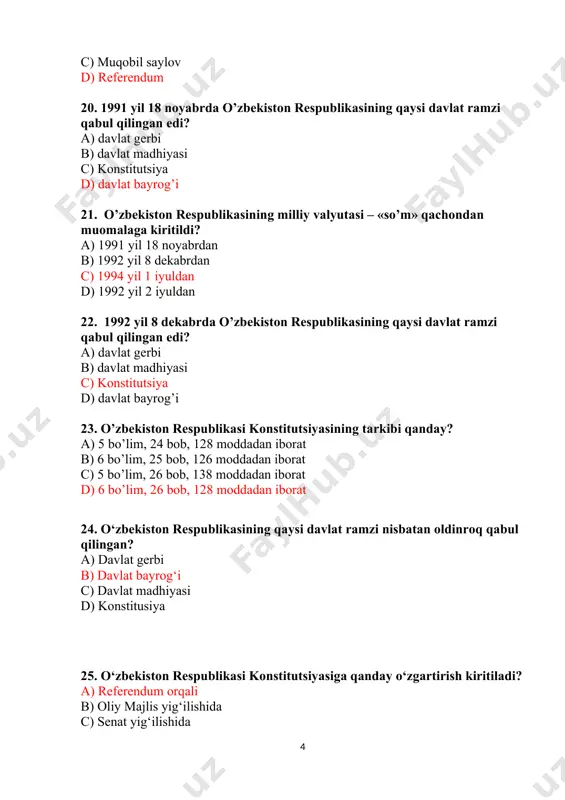 dent b) kengash deputatlari c) bosh vazir d) senat 38. tuman va shaharlar hokimlarini kim tayinlaydi? a) prezident b) kengash deputatlari c) bosh vazir d) viloyat hokimi 39. tumanlarga boysunadigan shahar hokimlari kim tomonida tayinlanadi? a) prezident b) tuman hokimi c) bosh vazir d) viloyat hokimi 40. o‘zbekiston respublikasida saylovlar kim tomonidan tashkil qilinadi? a) prezident tomonidan b) oliy majlis tomonidan c) markaziy saylov komissiyasi tomonidan d) fuqarolar yig’inlari tomonidan 41. o‘zbekiston respublikasida necha yoshga to’lgan shaxslar saylash huquqiga ega? a) 16 b) 18 c) 21 d) 25 42. necha yoshdan kam bo’lmagan fuqarolar prezidentlikka saylanishi mumkin? a) 35 yoshdan b) 25 yoshdan c) 21 yoshdan d) 18 yoshdan 43. necha yoshga to’lgan fuqarolar oliy majlisga saylanishi mumkin? a) 35 yosh b) 25 yosh c) 21 yosh d) 18 yosh 45. necha toshga to’lgan fuqarolar viloyat, tuman, shahar kengashlariga deputatlikka saylanishi mumkin? a) 35 yosh b) 25 yosh c) 21 …