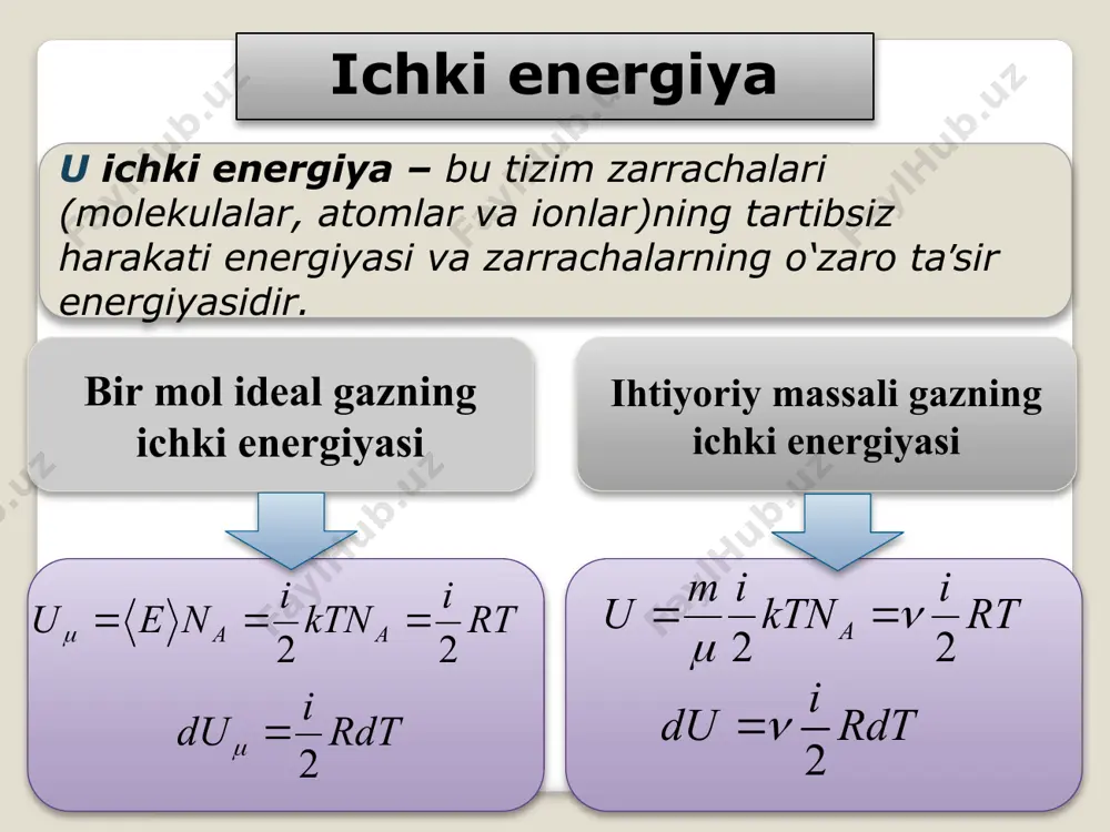 rayonlar deb hisoblanadi. δa= pdv va du=νcvdt foydalanib quyidagiga ega bo‘lamiz bo’lish amalini bajarsak - puasson koeffitsienti. δq = 0 adiabatik jarayon uchun puasson tenglamasi qaytar va qaytmas jarayonlar tizim bir qator termodinamik holatlardan o‘tib, o‘zining boshlang‘ich holatiga qaytadigan jarayon aylanma jarayon deb ataladi. siklda musbat ish bajarilsa: bu jarayon to‘g‘ri sikl deb ataladi. agarda siklda bajarilgan ish manfiy bo‘lsa: bu jarayon teskari sikl deb ataladi. sikl davomida bajarilgan ish: issiqlik dvigatelining foydali ish koeffitsiyenti  = 1 bo’lishi uchun q2 = 0 shart bajarilishi kerak. ammo bu shart real sharoitlarda bajarilmaydi. sovutgich mashinasi bajargan ish manfiy hisoblanadi: tizim aylanma jarayon natijasida o‘zining boshlang‘ich holatiga qaytadi va tizimning ichki energiyasi o‘zgarmaydi. aylanma jarayon vaqtida tizim tashqaridan issiqlik miqdorini olishi va unga uzatishi mumkin, shuning uchun: q = q1 – q2 shu sababli, aylanma jarayon uchun foydali ish koeffitsiyenti quyidagicha aniqlanadi: 2-я теорема карно кпд обратимого цикла карно не зависит от …