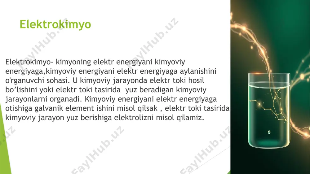 nadigan tuzi hosil bo'la boshlaydi. ekvivalent nuqtadan keyin elektro'tkazuvchanlik ortiqcha gidroksid ionlari hisobiga keskin ko'tariladi. ekvivalent nuqtadagi sarflangan titrant hajmi bo yicha modda-lar konsentratsiyasi ma'lum formula yordamida hisoblab topiladi: potensiallar hosil bo’lishi potensial deb, zaryadlangan zarrachalar atrofidagi fazo deb tushunsa boladigan birlikka aytiladi. bioelektr potensiallar — tirik organizmlar va ularning ayrim hujayralarida paydo boʻladigan elektr potensiallar, qoʻzgʻalish va tormozlanish jarayonlarining eng muhim tarkibiy qismi. oksidlanish-qaytarilish potensiali oksidlanish-qaytarilish potensiali modda tabiati bilan, uning eritmada­gi oksidlangan va qaytarilgan shakllarining konsentratsiyalari, eritmaning ph qiymati, temperaturasi va boshqa omillar bilan bog’langan bo’ladi. 1-jadvalda ba’zi sistemalar uchun standart vodorod elektrodga nis­batan o’lchangan oksidlanish-qaytarilish potensiallari qiymati keltirilgan. oksidlanish-qaytarilish potensiallari moddalarning oksidlovchilik va qaytaruvchilik xossalarini tavsiflaydi. peters tenglamasi e=eo + rt/nf × ln× oksid/qayt be yerda eo tegishli juftning standart redoks-potensiali n-oksidlanish qaytarilish jarayonida ishtirok etgan elektronlar soni r-universal gaz doimiysi, u 8.31j/grad×mol ga teng t-absolyut harorat f-faradey soni 96500 ki/mol potensiometriya tushunchasi va ahamiyati 1. kimyoviy …