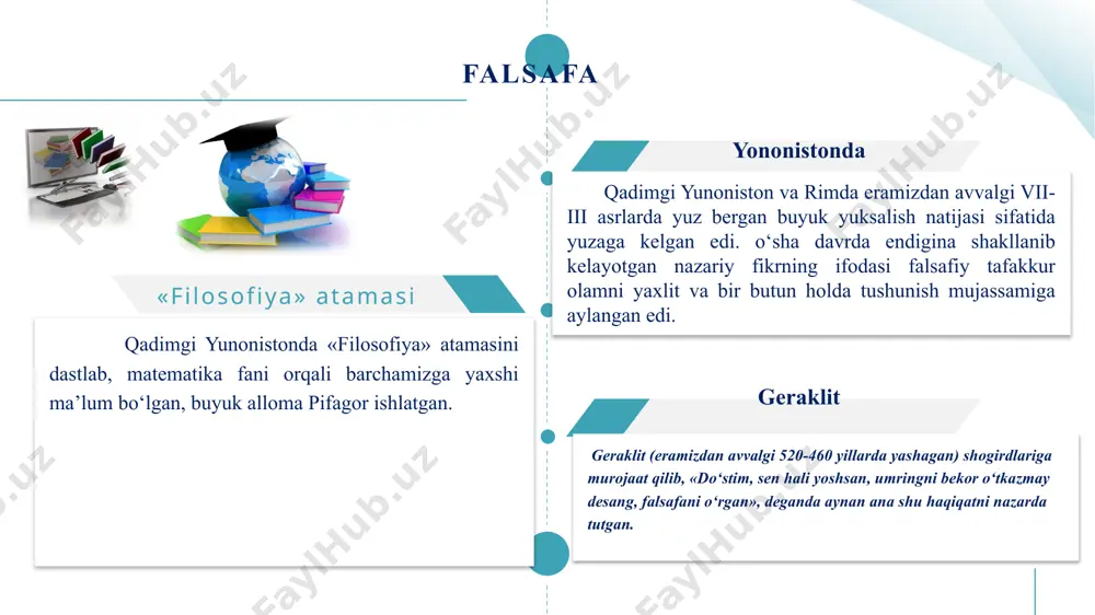 z mumkin. in sonda bilishga qiziqish uyg‘otadigan, mifologiya, din yoki fan javoblaridan qoniqmagan insonning o‘ziga ma’lum bilimlar va tajribaga, muayyan e’tiqod,ishonch va intuitsiyaga tayangan holda oqilona asoslangan javoblar berishga harakat qiladigan, savollar tug‘diradigan har qanday ob’ektiv va sub’ektiv borliq falsafaning predmeti hisoblanadi. falsafa fani xuddi ijtimoiy, tabiiy fanlar singari mustaqil fandir. u o‘zining mustaqil obyekti va predmetiga ega. falsafaning predmetini “olam-odam-inson” tizimi tashkil etadi. falsafiy fanlarning har biri: ontologiya, gnoseologiya, etika, estetika, mantiq, siyosatshunoslik, falsafa tarixi ham o‘z alohida predmetiga ega. falsafa predmetini faqat o‘ta abstrakt tushunchalar yordamida belgilash mumkin. suu ma’noda «dunyo – inson» munosabatlari tizimidagi umumiylik falsafaning predmeti hisoblanadi, degan fikr mazkur talablarga javob beradi. ‘ falsafaning predmeti: «dunyo – inson» tizimidagi munosabatlarning rang-barangligi predmetli – amaliy, gnoseologik, akseologik, estetik, axloqiy va boshqa xil munosabatlar bilan belgilanadi. gnoseologiya (boshqa bir terminologiyaga ko‘ra – epistemologiya) – bilish nazariyasi; ijtimoiy falsafa – jamiyat haqidagi ta’limot; quyidagilar falsafiy bilimning strukturasi hisoblanadi: …