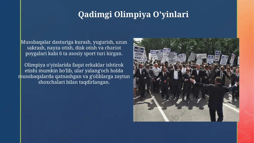 rosimlar davomida ko'tarilgan va butun dunyo bo'ylab millionlab tomoshabinlar tomonidan kuzatilgan. olimpiya o'yinlarining kelajagi 2024-yilgi parij olimpiadasidan boshlab, raqamli texnologiyalar, jumladan, sun'iy intellekt va vr/ar texnologiyalari, tomoshabinlar tajribasini boyitish va o'yinlarni boshqarishni takomillashtirish uchun qo'llanilishi kutilmoqda. 2032-yilgi olimpiada o'yinlari brisbendagi (avstraliya) yangi infratuzilmalar va ekologik jihatdan barqaror texnologiyalarni qo'llash orqali 7000 dan ortiq sportchilarni qabul qilishni rejalashtirmoqda. pierre de coubertin va uning roli uning tashabbusi bilan olimpiya o'yinlari dasturiga turli xil sport turlari, jumladan, atletika, suzish va gimnastika kabi 10 dan ortiq intizomlar kiritildi, bu esa o'yinlarning ommabopligini oshirdi. kubertin amaliy jihatdan olimpiya bayrog'ini (beshta halqa) yaratdi va uning dizayni butun dunyo bo'ylab 5 qit'ani ifodalovchi ramzga aylandi, shu bilan birga olimpiya harakatining universalligini aks ettirdi. olimpiya o'yinlarining qayta tiklanishi olimpiya o'yinlarining qayta tiklanishi milliy g'urur va xalqaro hamkorlikni kuchaytirishga olib keldi, 1900-yilda parij va 1904-yilda sent-luisda ham o'tkazildi. pyer de kubertinning tashabbusi bilan 1894-yilda xalqaro olimpiya qo'mitasi (xoq) tashkil …