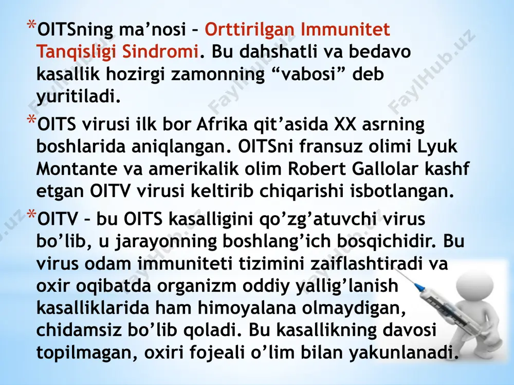 allanganlarda keng tarqalgan. biroq hozirgi vaqtda bsst ma’lumotiga ko’ra oits virusi epidemiyasi aholining asosiy qatlamida ham kengaymoqda. oits virusi chidamsiz bo’lib, suvda 10 daqiqa qaynatish davomida halok bo’ladi. maxsus dezinfeksiya vositalaridan ham foydalanish mumkin. spirt oitvni o’ldirmaydi. oits virusining yuqish yo’llari: zararlangan qon sog’lom odamga quyilganda; kasallangan onadan bolaga homiladorlik, tug’ruq vaqtida va ko’krak sutidan boqilganda; zararlangan shprislardan foydalanilganda. stomatologiya, sartaroshxona, go’zallik salonlari (manikyur, pedikyur va tatuaj xonalari)da oits virusini yuqtirish xavfi katta. oitv oitv hozirgi davrda judayam yahshi o’rganilgan hisoblanadi. hattoki hozirgi davrda agar oitv yuqqanligiga shubqa qilsak uni o’sishini to’htatib qo’yadigan dori vositalari ham bor. oitvni asosiy uchta yuqish yo’li bor: jinsiy qon orqali onadan bolaga basseyn, banya, vannalar….. suvga tushgan virus ber necha daqiqada o’lib ketadi, lekin zararlangan teri orqali uni yuqtirib olish mumkin. analiz topshirish….. bazida hech qachon shubhali kontaktda bo’lmaganlarda ham oits analizi salbiy chiqishi mumkin, shuning uchun bu analizni qayta topshirish kerak bo’ladi….. stomatologiya, …
