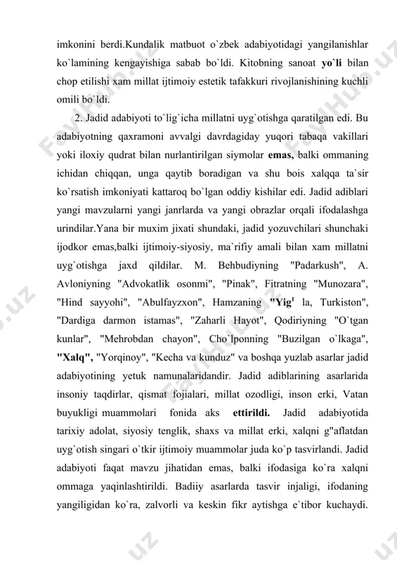 ahramonlari faol ishchilar, dehqonlar, ziyolilar. aniqrog`i s mehnat ahlidir. demak. yangi adabiyotimiz o`z qahramonlarini hayotning o`zidan. yangi voqelikdan oladi. xx asr o`zbek adabiyotida turli yillarda yaratilgan bu ijobiy qahramonlar o`z davrining farzandlari sifatida jamiyat tarixining turli davrlaridagi hayot va kurashni aks ettiradi. shunisi muhimki, bu adabiyot taraqqiyotining barcha bosqichlarida ham yangi turdagi qahramon-zamondoshlarimiz obrazini yaratish ijodkorlarimizning diqqat markazida turadi. xx asr o`zbek adabiyotining taraqqiyot yo`li-rivojlanish bosqichlari ham o`ziga xosdir. darhaqiqat, bu adabiyot tarixi xx asrning boshidan to hozirgi kungacha bo`lgan davrni o`z ichiga oladi. bu davr ichida yangi o`zbek adabiyoti paydo bo`ldi. shakllandi, yangi` hayot bilan chambarchas holda o`sdi.yillar o`tishi bilan yangi adabiyotimizda xilma-xil sirli o`zgarishlari yuz berdi. bu o`zgarishlar hayotdagi tarixiy voqealar ta`sirida sodir bo`ldi. muayyan jamiyatimiz o`z tarixining hozirgi davriga yetib kelguncha murakkab va sermashaqqat yo`lini bosib o`tdi. jamiyat tarixining bosqichlari o`zaro bir - biridan farq qilganidek, hozirgi zamon o`zbek adabiyoti taraqqiyotining davrlari ham o`ziga xos xususiyatlari bilan …