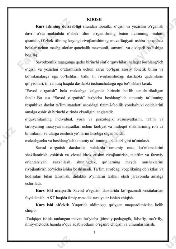miy xulosalar va tavsiyalar, foydalanilgan adabiyotlar ro‘yhatidan iborat. i bob. savod o‘rgatish darslarida axborot texnologiyalaridan foydalanishning asosiy ko‘rinishlari va ahamiyati 1.1. savod o‘rgatish darslarida axborot texnologiyalaridan foydalanishning asosiy ko‘rinishlari axborot-kommunikatsiya texnologiyalari (akt) axborotni qayta ishlashning turli qurilmalari, mexanizmlari, usullari va algoritmlarini tavsiflovchi umumiy tushunchadir. akt zamonaviy inson hayotining barcha sohalariga, xususan, o‘rganishni o‘z ichiga olgan axborot faoliyatiga ta’sir qiladi. ta’limda aktdan foydalanish inqirozni bartaraf etish imkoniyati va ta’lim sohasini rivojlantirish istiqbollari bilan bog‘liq, chunki ta'limni kompyuterlashtirish va axborotlashtirish o‘qituvchilar va talabalarning mehnat unumdorligini oshirishning oqilona usuli, samaradorlik va o‘rganish va o‘z-o‘zini o‘rganishni faollashtirish o‘qitishda yangi axborot texnologiyalaridan foydalanish o‘quvchini ta’lim jarayonining markaziy shaxsi sifatida ko‘rib chiqish imkonini beradi va uning sub’ektlari o‘rtasidagi munosabatlar uslubining o‘zgarishiga olib keladi. shu bilan birga, o‘qituvchi asosiy ma'lumot manbai bo‘lishdan to‘xtaydi va o‘quvchilarning mustaqil va kognitiv faoliyatini tashkil etuvchi va uni boshqaradigan shaxs pozitsiyasini egallaydi. kompyuter texnologiyalari asri jadal rivojlanmoqda va, ehtimol, inson faoliyatining biron …