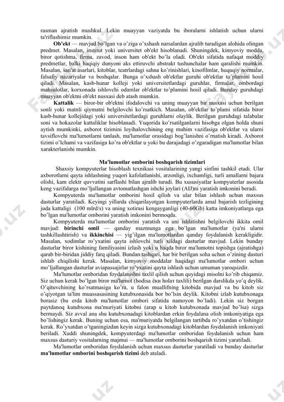 . ma'lumotlar omborining bunday ko’rinishi relyatsion omborlar deb ataladi. relyatsion omborlar aniq sondagi ustunlarga ega bo’lib, ularning hammasi nomlarga ega bo’ladi. masalan, guruxdagi o’quvchilar haqidagi ba'zi ma'lumotlarni quyidagicha tasvirlash mumkin: familiyasi ismi bo’yi (sm) og’irligi (kg) ko’zining rangi saidova manzura 165 48 jigar rang karimova salima 170 50 ko’k zaripova nilufar 163 46 malla norova gulrux 175 60 qora kompyuterdan aksariyat hollarda matnli fayllar (turli xat, referat, she'r va h.k.) ni yaratishda foydalaniladi. foydalanuvchining tajribasi oshib borgan sari u matnli fayllar o’rnida turli shakldagi va berilgan vazifalarni bajaruvchi fayllardan foydalana boshlaydi. masalan, matn fayl ichida turli xil sonli, belgili ma'lumotlarni kiritish orqali jadvalli, kartotekali, videotekali, tashkilotlar manzili, kasallik varaqalari, telefon nomerlari va boshqa ma'lumotlarni jamlovchi ombor sifatida foydalanishi mumkin. bunday omborlarda axborotni tasvirlash va joylashtirishni foydalanuvchining o’zi belgilaydi. matnli fayllarda axborotni joylashtirishning bir variantini aniq misol tariqasida ko’rib chiqaylik. masalan, o’zbekistonda tug’ilgan va fundamental fanlar (fizika, matematika, biologiya, kimyo va …