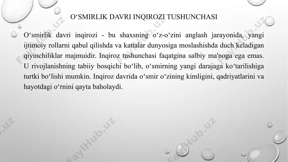 atlardagi bu oʻzgarishlar inqiroz davrida stressni kuchaytirishi mumkin. inqirozdan chiqish yoʻllari: qoʻllab-quvvatlash va tushunish oʻsmirlik davri inqirozidan muvaffaqiyatli chiqish uchun oʻsmirga qoʻllab-quvvatlash va tushunish kerak. ota-onalar, oʻqituvchilar va yaqinlar oʻsmirni eshitishlari, uning his-tuygʻularini qabul qilishlari va unga ishonch bildirishlari kerak. oʻsmirni tanqid qilish va qoralashdan koʻra, uni qoʻllab-quvvatlash va unga yordam berish muhim. tushunish va empatiya inqiroz davrida oʻsmir uchun katta ahamiyatga ega. inqirozdan chiqish yoʻllari: muloqot va ochiqlik oʻsmir bilan ochiq va ishonchli muloqot oʻrnatish inqirozdan chiqishning muhim yoʻlidir. oʻsmir oʻz muammolari, his-tuygʻulari va tashvishlari haqida gapira olishi kerak. ota-onalar va yaqinlar oʻsmirni tinglashlari, unga maslahat berishlari va uni qoʻllab-quvvatlashlari kerak. muloqot oʻsmirga oʻzini yolgʻiz his qilmaslikka va qiyinchiliklarni yengishga yordam beradi. inqirozdan chiqish yoʻllari: sogʻlom turmush tarzi sogʻlom turmush tarzi oʻsmirlik davri inqirozini yengishda muhim rol oʻynaydi. toʻgʻri ovqatlanish, yetarli uyqu, jismoniy faollik va stressni boshqarish usullari oʻsmirning psixologik va fiziologik holatini yaxshilaydi. sogʻlom turmush tarzi oʻsmirning emotsional …