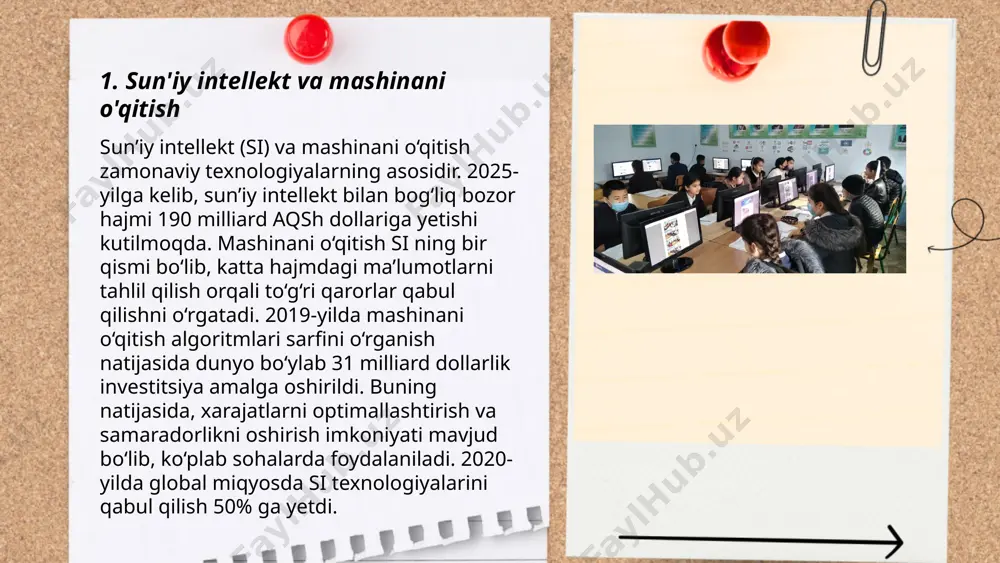 lar uchun yangi imkoniyatlar yaratadi. ... t.me/slaydai_bot internet narsalari (iot) texnologiyasi turli qurilmalarni internet orqali bir-biriga ulanib ishlashini ta'minlaydi. iot 2023-yilda global bozor hajmi taxminan 1,1 trillion aqsh dollarini tashkil etishi kutilmoqda. 2025-yilga kelib iot qurilmalari soni 75 milliarddan oshishi kutilmoqda. bu texnologiya sanoat, sog‘liqni saqlash, transport va uy jihozlarida keng qo‘llaniladi. iot orqali ma'lumotlarni yig‘ish va tahlil qilish samaradorligi oshadi. shuningdek, ushbu texnologiya yordamida energiya sarfini 30% gacha kamaytirish mumkin. 2022-yilda iot ilovalari orqali iqtisodiyotda 5,5 trillion aqsh dollari qo'shimcha qiymat yaratilgani ma'lum bo'ldi. ... t.me/slaydai_bot 7. kiberxavfsizlik va ma'lumotlarni himoya qilish kiberxavfsizlik va ma'lumotlarni himoya qilish bugungi kunda juda muhim ahamiyat kasb etadi. har yili dunyo bo'ylab kiberhujumlar soni oshib bormoqda. 2021-yilda kiberhujumlar tufayli global iqtisodiy yo'qotishlar taxminan 6 trillion aqsh dollariga teng bo'lgan. katta ma'lumotlar bazalari va shaxsiy ma'lumotlar tez-tez nishonga olinmoqda. 2020-yilda ma'lumotlar buzilishi holatlari tufayli 36 milliard yozuvlar ochiqchasiga taqdim etilgan. kiberxavfsizlik sohasidagi mutaxassislar soni …