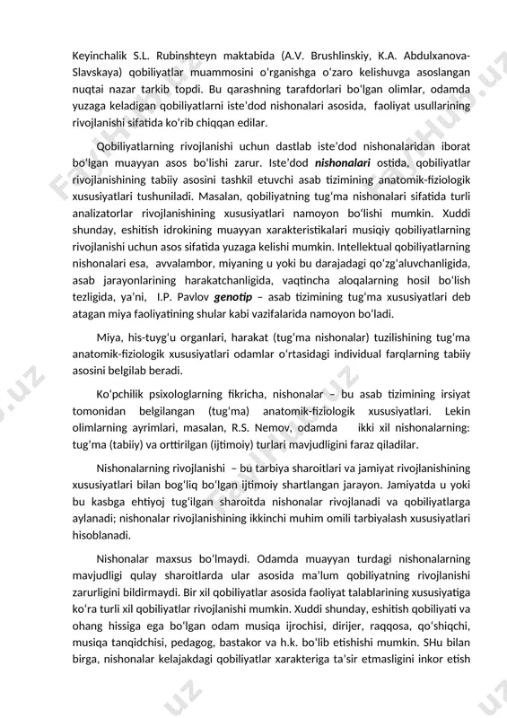 ing tanqisligi boshqa qobiliyatlarning yuksak darajada rivojlanganligi hisobiga to‘ldirilishi mumkin. rus psixologiyasida qobiliyatlar muammosini o‘rganishda ikki yo‘nalish mavjud. birinchisi – asab tizimi asosiy xossalarining aloqalari va insonning umumiy psixik qobiliyatlarini tadqiq etuvchi psixofiziologik yo‘nalish (e.l. golubeva, v.m. rusalov). boshqa yo‘nalish – qobiliyatlarni individual, o‘yin, o‘quv, mehnat faoliyatida tadqiq qilish (a.n. leontevning faoliyatga yondoshuvidan). bu yo‘nalish faoliyat bo‘yicha qobiliyatlarning rivojlanish aniqlovchilarini o‘rganadi, bunda iste’dod nishonalari ahamiyatga olinmaydi. keyinchalik s.l. rubinshteyn maktabida (a.v. brushlinskiy, k.a. abdulxanova-slavskaya) qobiliyatlar muammosini o‘rganishga o‘zaro kelishuvga asoslangan nuqtai nazar tarkib topdi. bu qarashning tarafdorlari bo‘lgan olimlar, odamda yuzaga keladigan qobiliyatlarni iste’dod nishonalari asosida, faoliyat usullarining rivojlanishi sifatida ko‘rib chiqqan edilar. qobiliyatlarning rivojlanishi uchun dastlab iste’dod nishonalaridan iborat bo‘lgan muayyan asos bo‘lishi zarur. iste’dod nishonalari ostida, qobiliyatlar rivojlanishining tabiiy asosini tashkil etuvchi asab tizimining anatomik-fiziologik xususiyatlari tushuniladi. masalan, qobiliyatning tug‘ma nishonalari sifatida turli analizatorlar rivojlanishining xususiyatlari namoyon bo‘lishi mumkin. xuddi shunday, eshitish idrokining muayyan xarakteristikalari musiqiy qobiliyatlarning rivojlanishi …