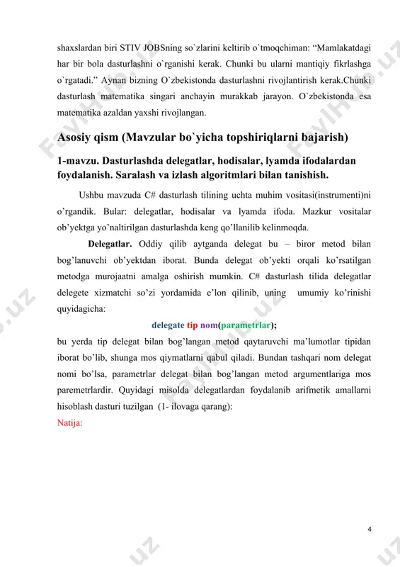 hda kutubxonalardan foydalanish ro’yxat, stek ,navbat, daraxt rekursiv protseduralari 1- topshiriq. kiritilgan sonlarning musbatlarini miqdorini aniqlash. (masala sharti, dastur kodi, visual studiodagi ko’rinishi, natijani ko’rinishi) dastur matni(4-ilovaga qarang): natija: 2-topshiriq. if _9. uchta butun son berilgan. shu sonlar ikkitasi o’zaro teng qolgan bittasi tartib raqami aniqlash dasturi tuzilsin. masalan, 35, 35, 40. dasturi sharp develop dasturida tuzildi(3-ilovaga qarang). natijasi: 3-topshiriq. kiritilgan sonning palindromligini tekshirish dasturini tuzamiz. using system; using system.collections.generic; using system.linq; using system.text; using system.threading.tasks; namespace palindrome { class program { static void main(string[] args) { string a, b; char[] chararray; console.write("palindrom ekanligini tekshirish uchun qatorni kiriting"); a = console.readline(); b = a; chararray = a.tochararray(); array.reverse(chararray); b = new string(chararray); if(a.equals(b)) { console.write("kiritilgan satr palindromdir"); } else { console.write("kiritilgan satr palindrom emas"); } console.readkey(true); } } } 3-mavzu c# dasturlash tilida linq operatorlari bilan ishlash . 1-topshiriq. "lola","atirgul","lolaqizg`aldoq","binafsha" gul nomlari berilgan. “l” harfi boshlangan va “a” harfi bilan …