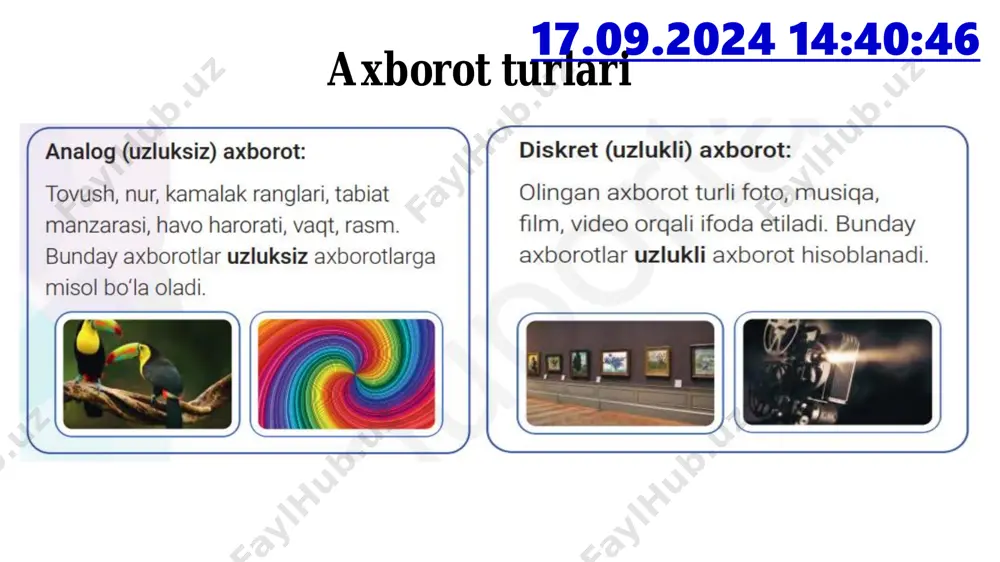 a aniq mazmun berish kelishuvidir. kelishuv oshkor belgilar agar belgining ko‘rinishi uning mazmunini fahmlash imkonini bersa, u holda kelishuv oshkor deb ataladi. bu holda belgilarni piktogramma (tasviriy yozuv)lar deb atashadi. masalan: bu belgilar ma’nosini tasavvur qilish orqali tushunish mumkin 17.09.2024 14:40:46 kelishuv oshkormas agar belgining shakli bilan mazmuni o‘rtasidagi bog‘lanish kelishuv asosida (kelishuv oshkormas) belgilansa, u holda bu belgilarni ramz (simvol)lar deb atashadi. masalan: a, b, h, :, 5. bu belgilar kelishuv asosida qabul qilingan bo‘lib, lotin va kirill alifbosida a bir xil, b va h ikki xil ma’noda, : belgisi matematika va ona tilida turlicha kelishuv asosida tushuniladi, 5 raqami esa dunyoda kelishuv asosida kiritilgan 17.09.2024 14:40:46 17.09.2024 14:40:46 sanoq sistemalari 1. to‘rtlik sanoq sistemasidagi raqamlar ikkilik sanoq sistemasi raqamlari orqali diada usulida quyidagicha kodlanadi: 2. sakkizlik sanoq sistemasidagi raqamlar ikkilik sanoq sistemasi raqamlari orqali triada usulida quyidagicha kodlanadi: 3. o‘n oltilik sanoq sistemasidagi raqamlar ikkilik sanoq sistemasi raqamlari …